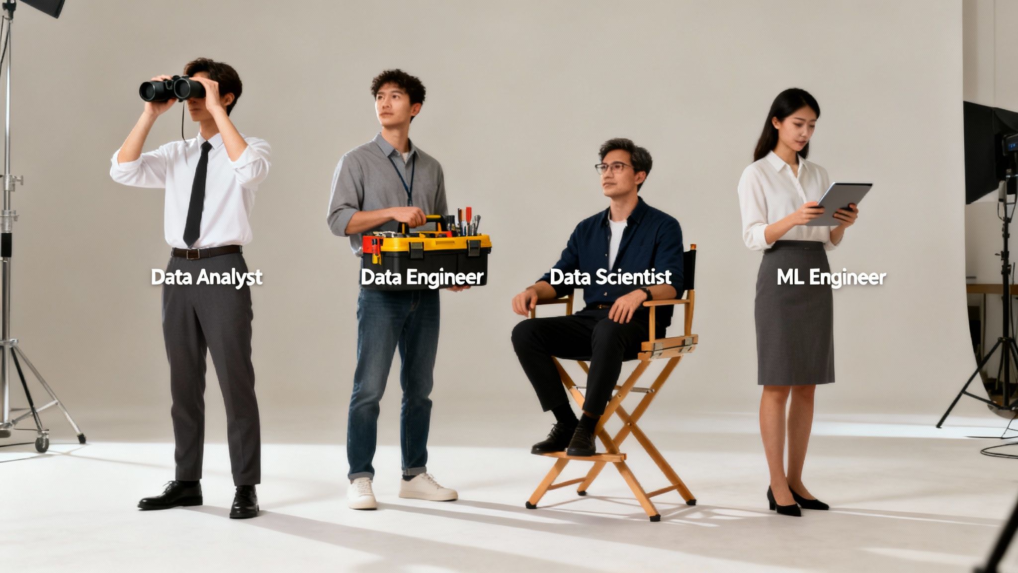 Four diverse professionals representing data science roles: Data Analyst, Engineer, Scientist, and ML Engineer.