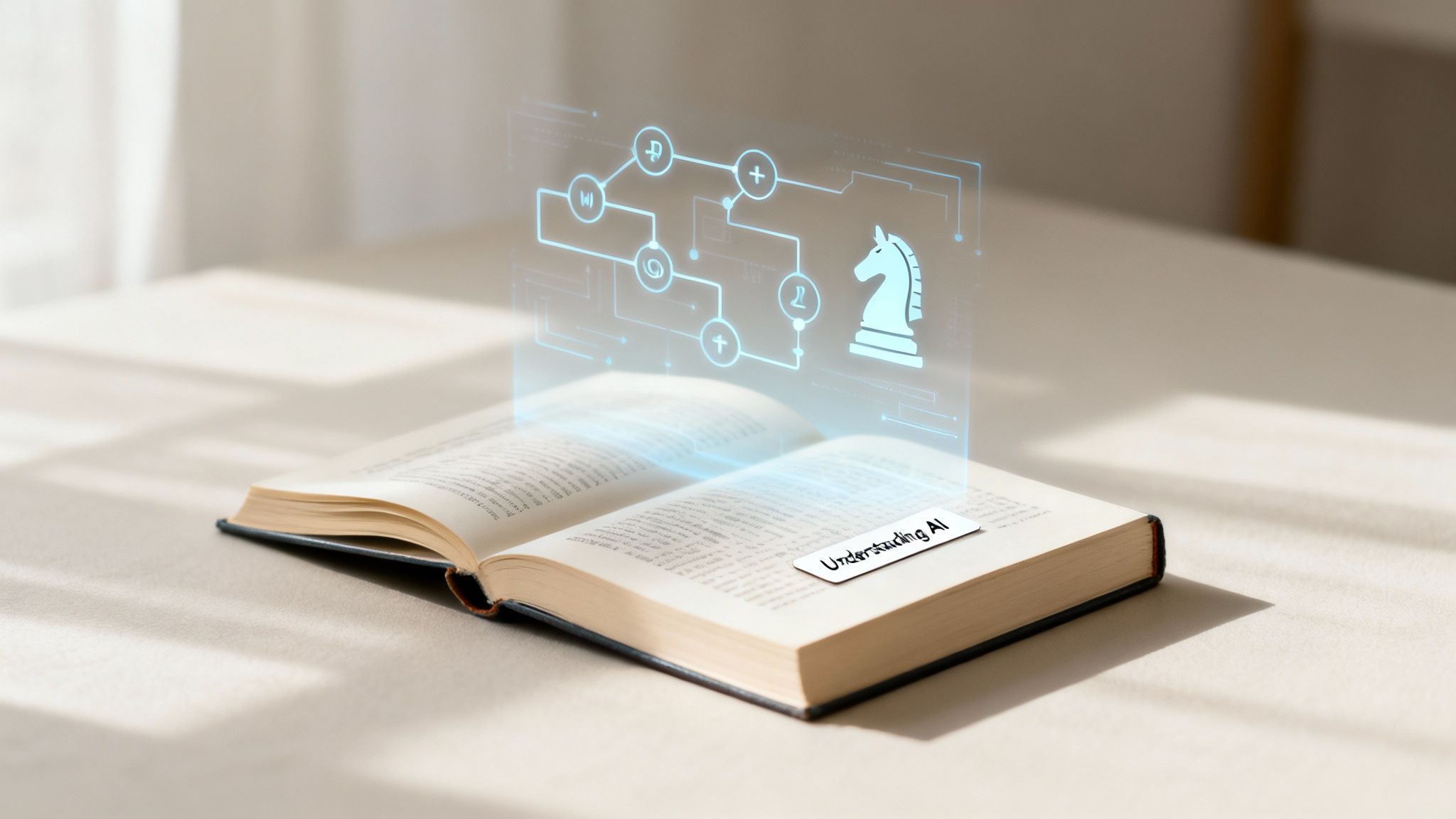 An open book featuring a glowing blue holographic AI diagram with a chess knight, and an 'Understanding AI' bookmark.