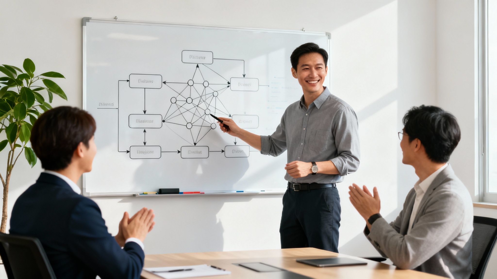 A smiling man presents a complex diagram on a whiteboard to two clapping colleagues in an office meeting.