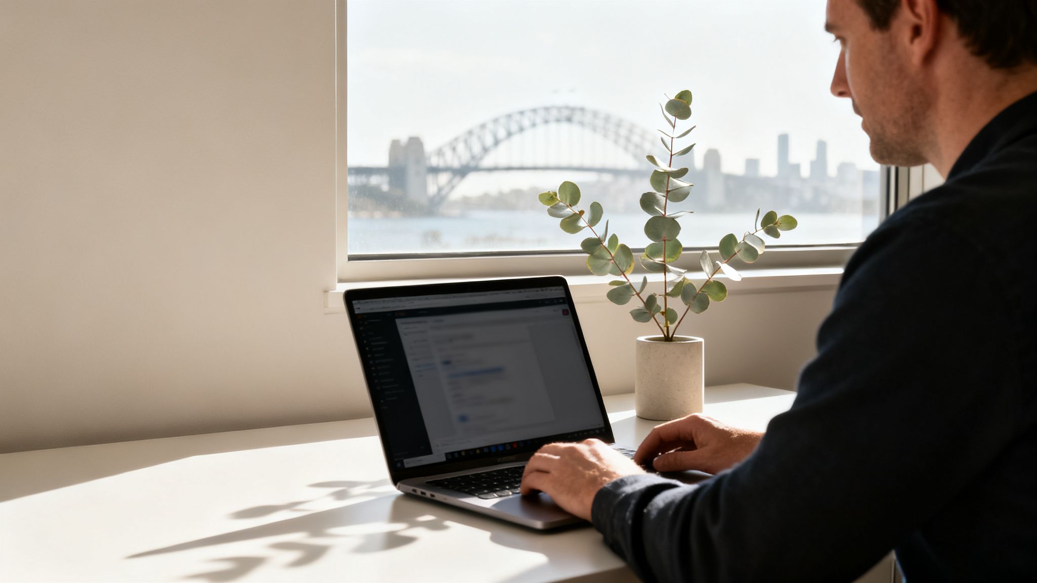 A man works on a laptop at a desk with a plant, overlooking the Sydney Harbour Bridge.