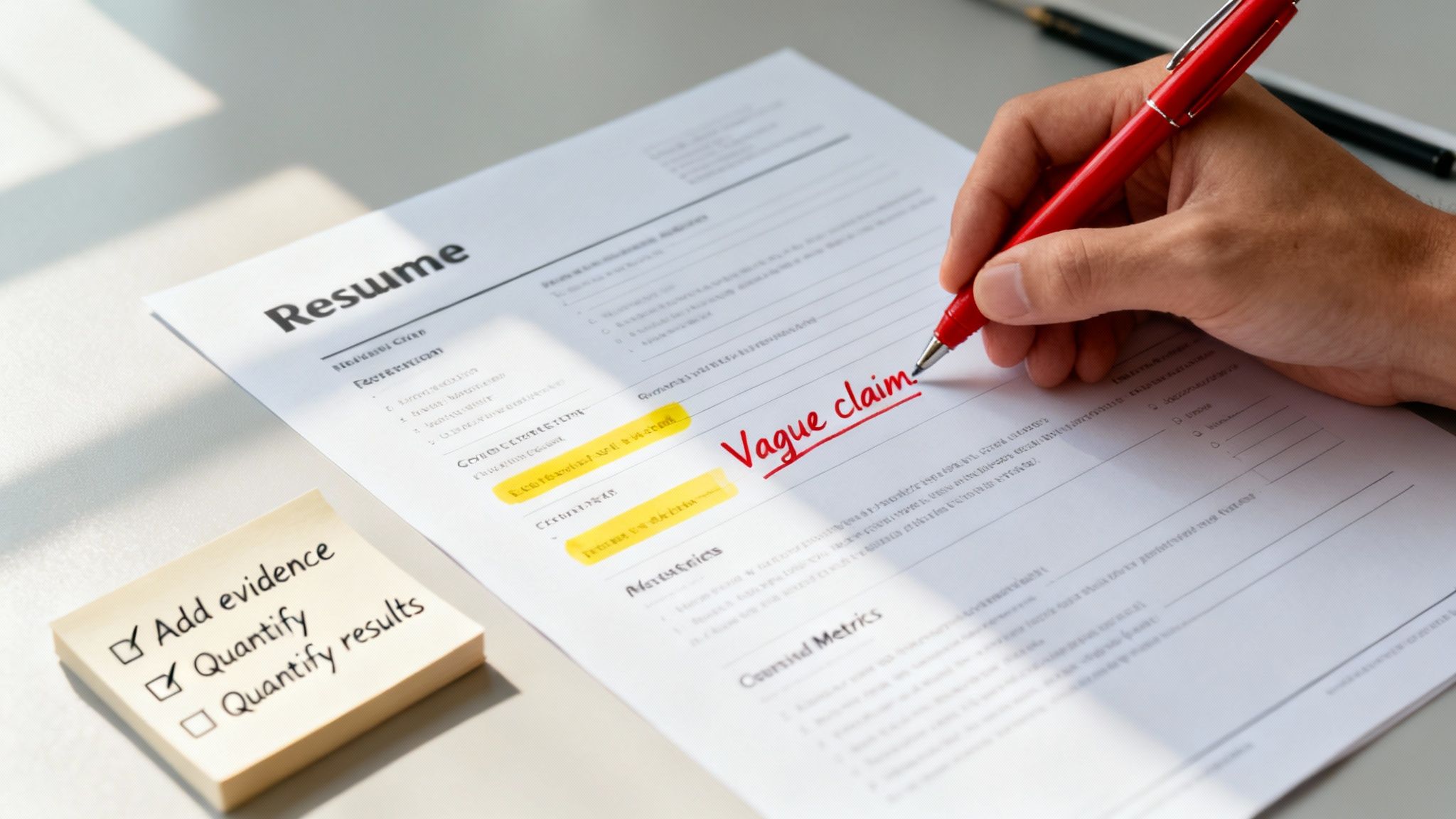 A hand using a red pen to mark 'Vague claim' on a resume, with a sticky note listing 'Add evidence' and 'Quantify results'.