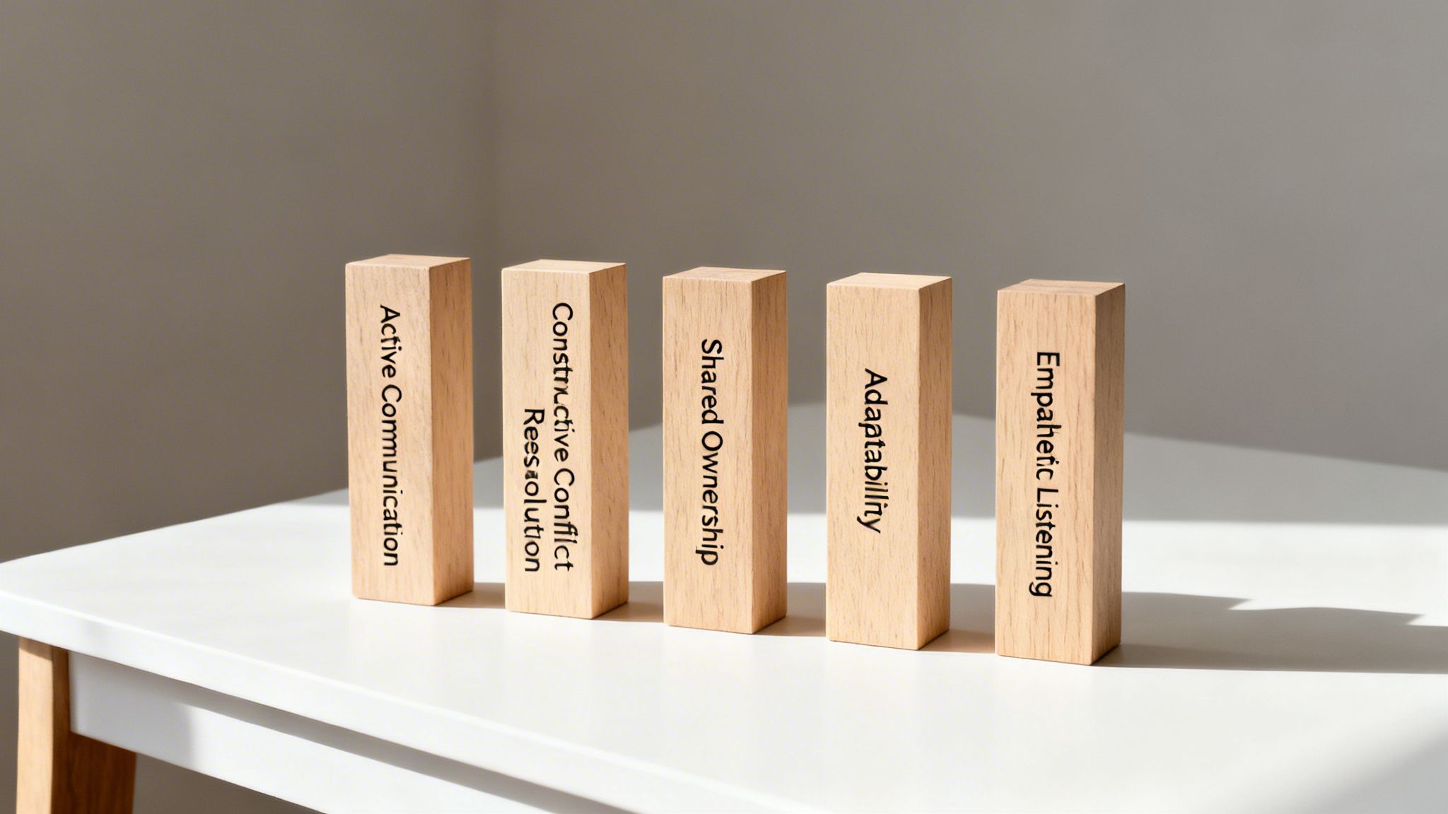 Five wooden blocks on a white table displaying team working skills like communication, resolution, ownership, adaptability, and listening.