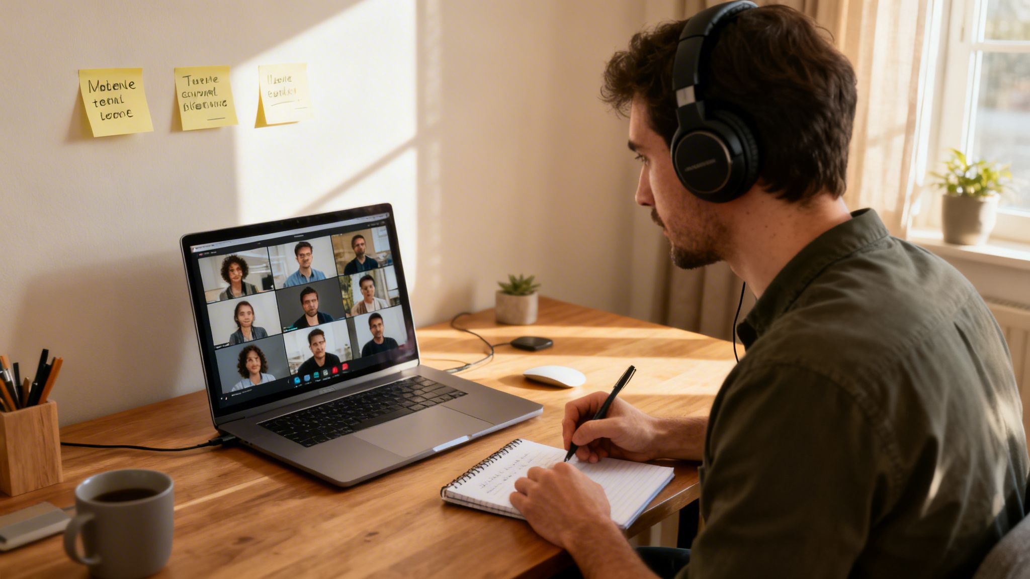 A man wearing headphones taking notes during an online video conference on his laptop.
