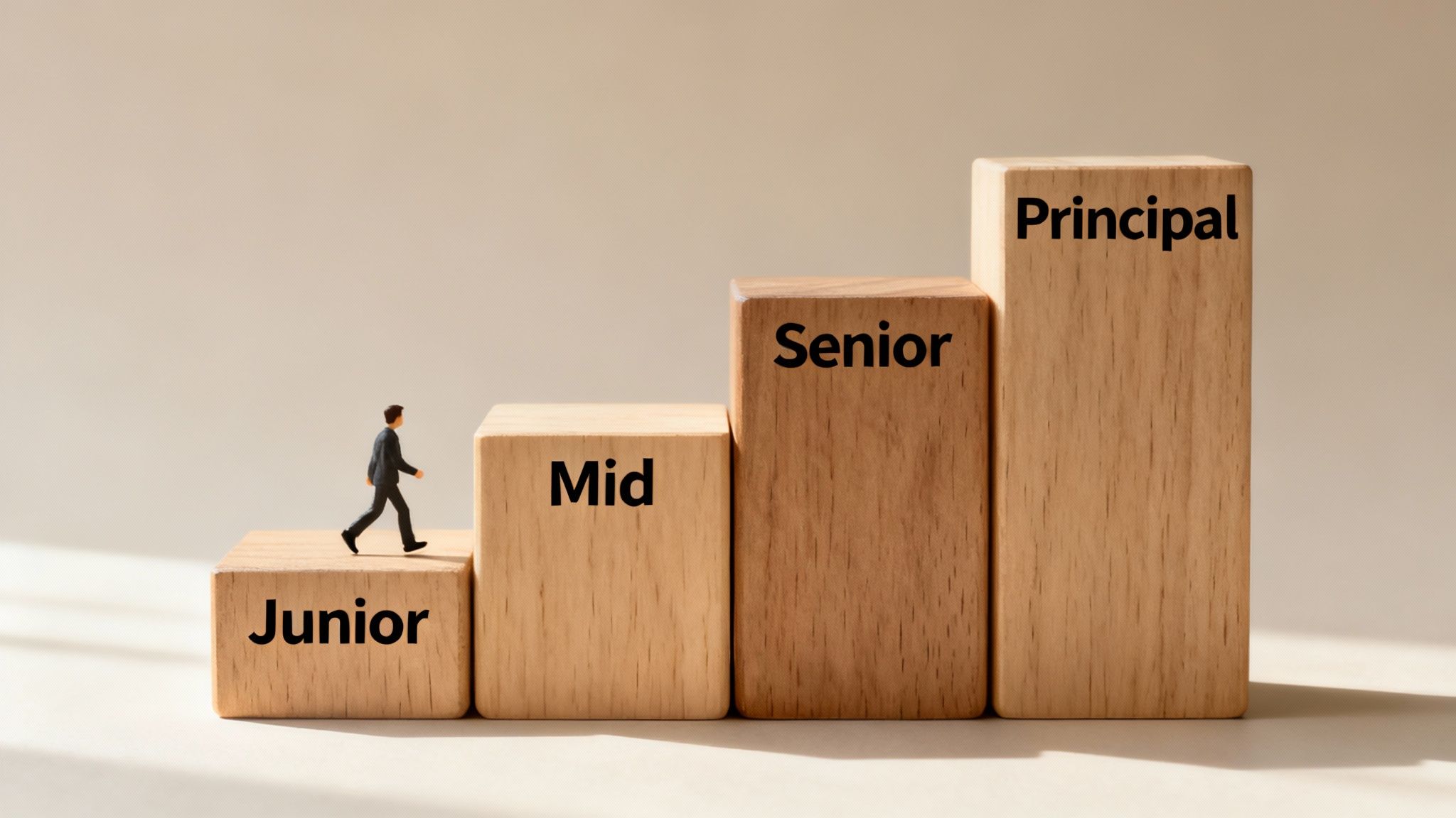 A miniature figure walks up wooden blocks labeled Junior, Mid, Senior, Principal, depicting career progression.