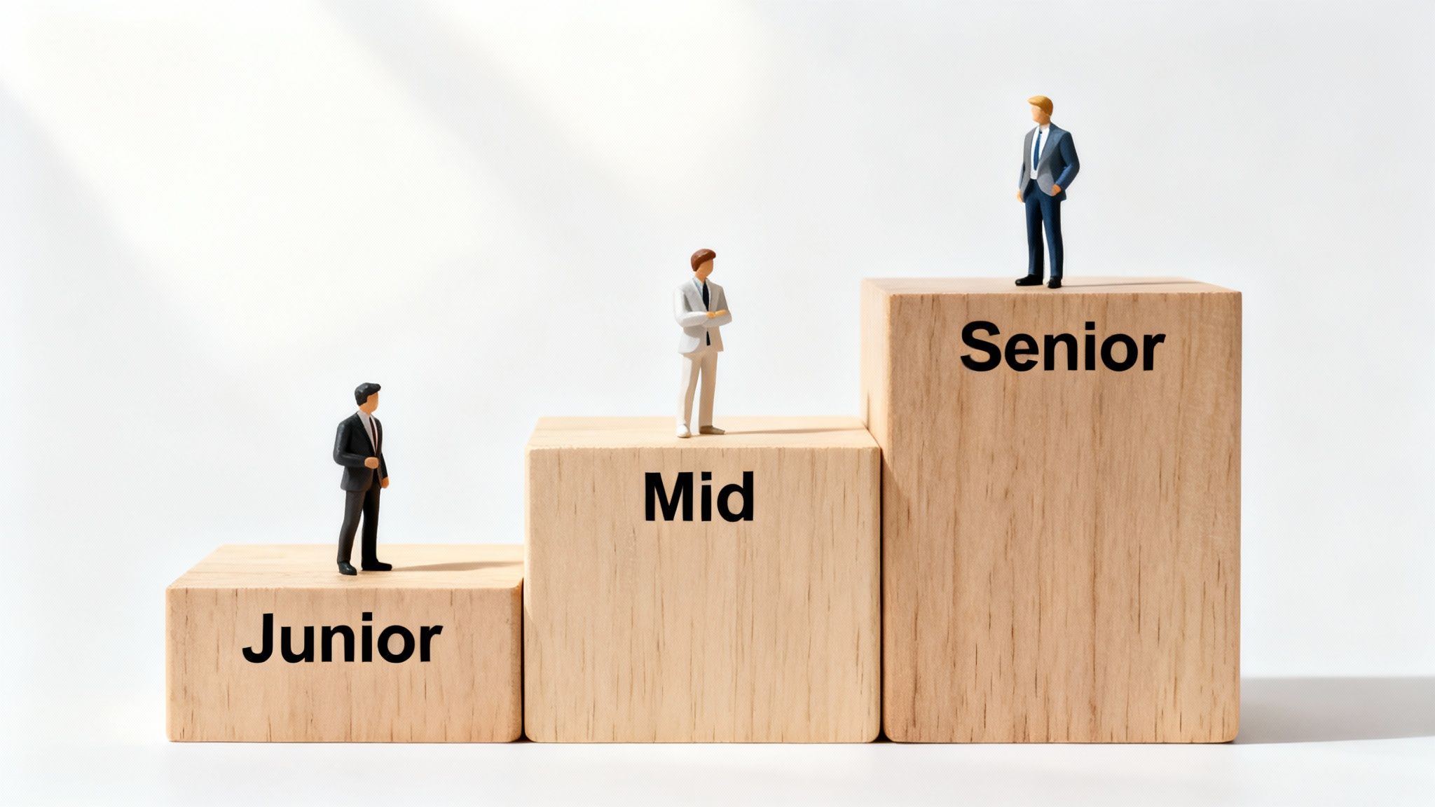 Three miniature figures on ascending wooden blocks labeled Junior, Mid, and Senior, symbolizing career progression and hierarchy.