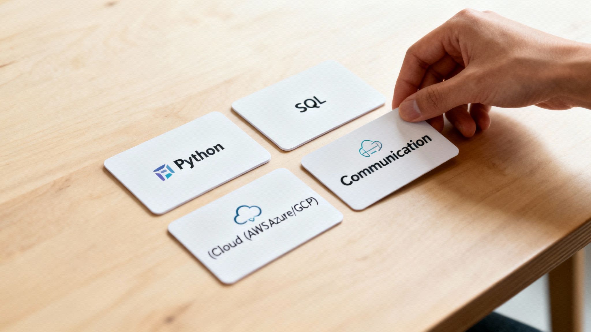 A hand reaching for a 'Communication' skill card among 'Python', 'SQL', and 'Cloud' cards on a wooden table.