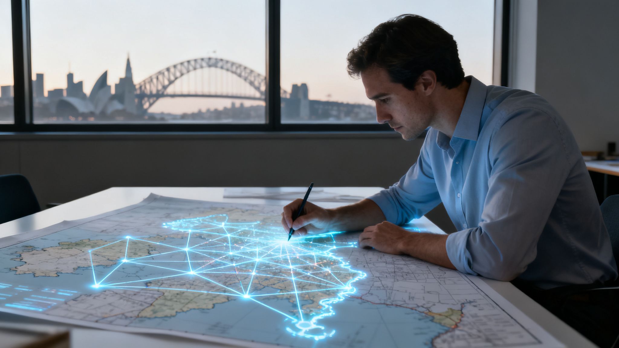 A data scientist analyzes a glowing network overlay on a large map, with a city skyline view.