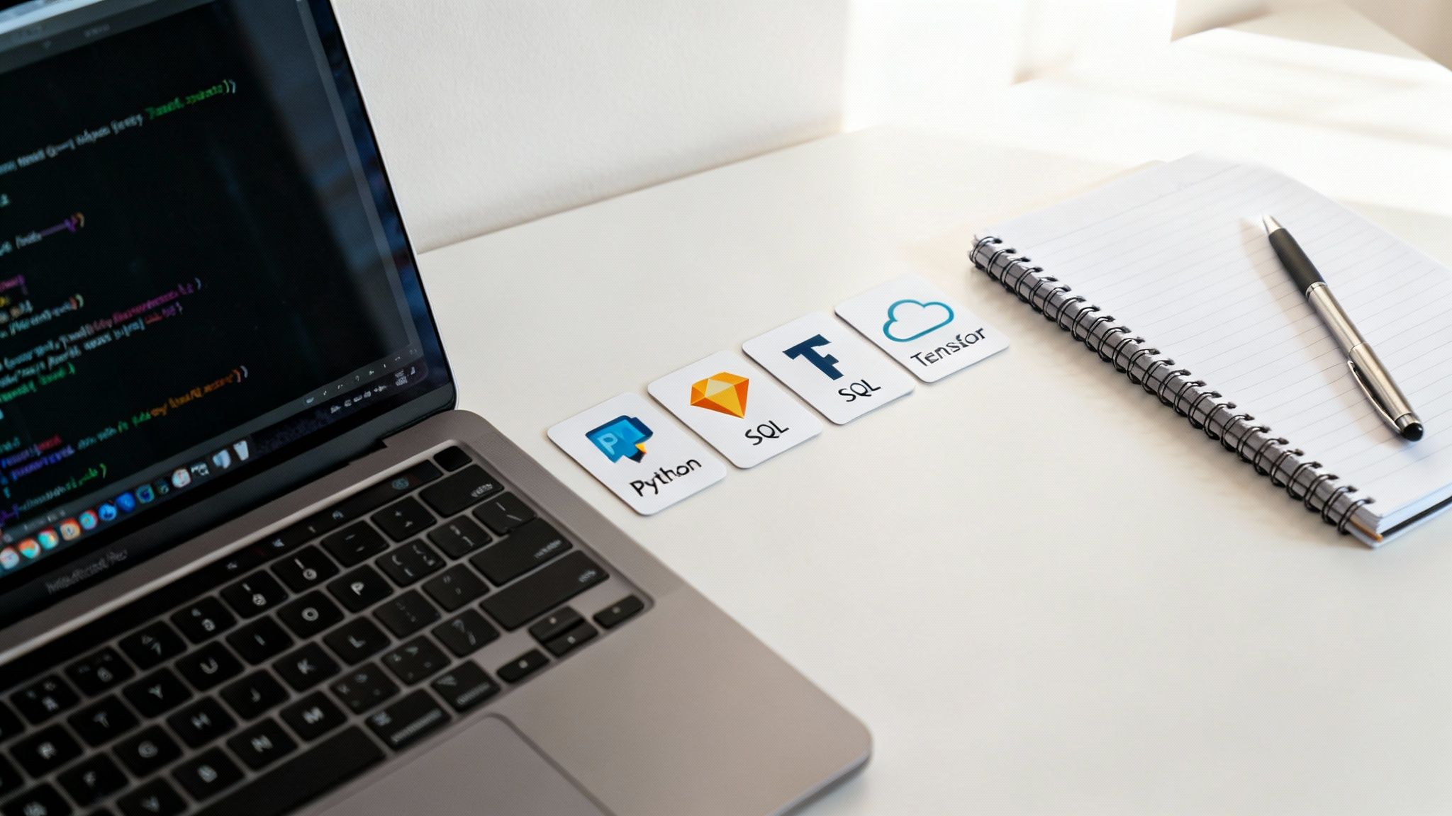 A laptop displaying code, programming language cards, and a notebook with a pen on a clean white desk.