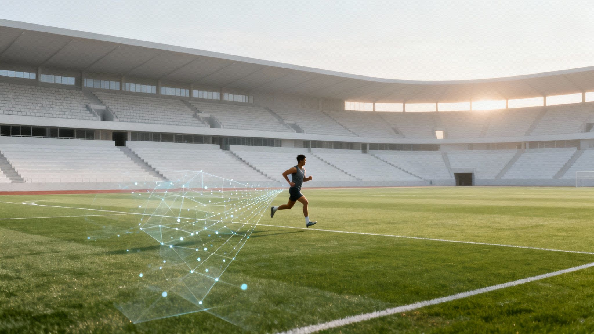 Male runner with data visualization trails on a stadium field, showcasing sports technology.