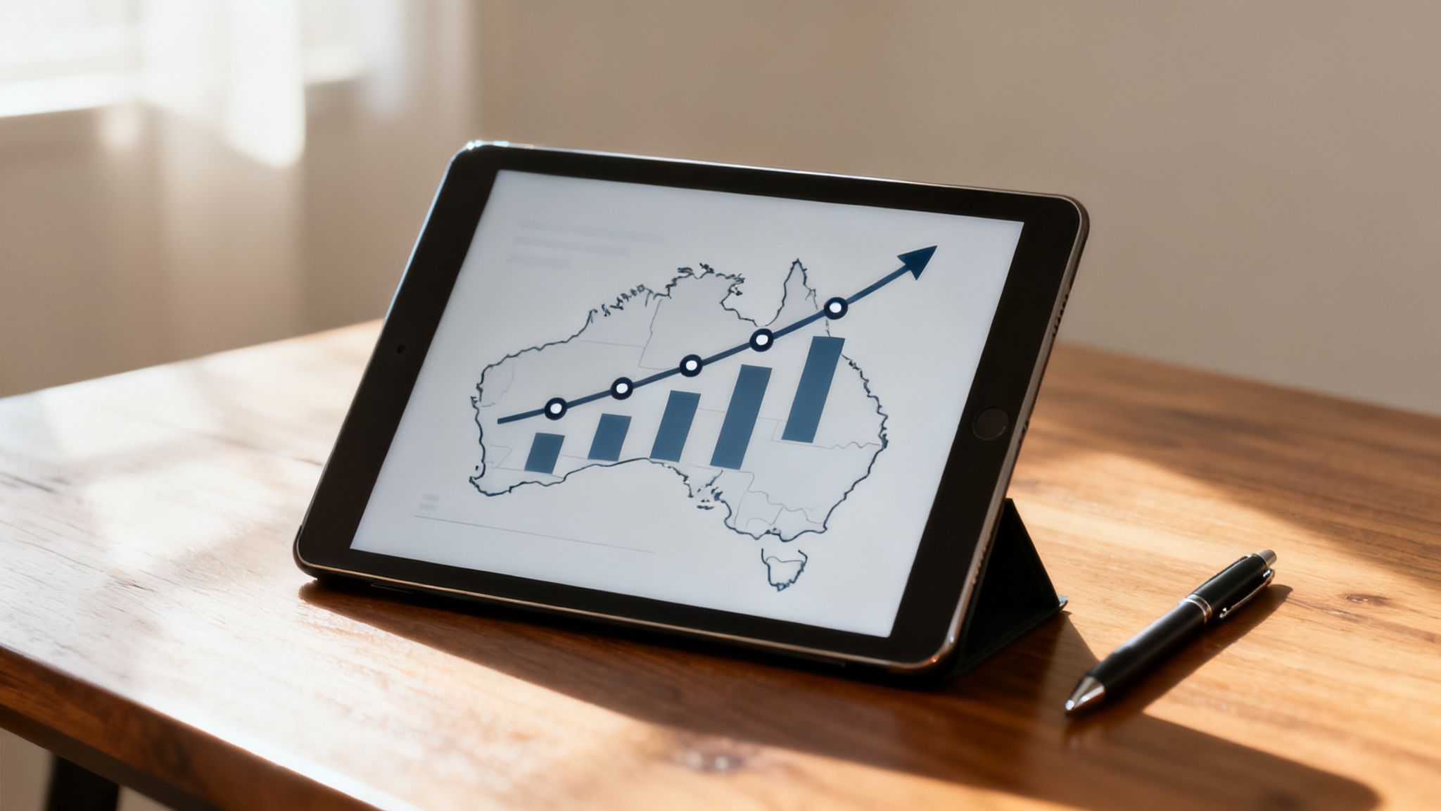 Digital tablet on a wooden desk displaying a rising economic growth graph over Australia's map.