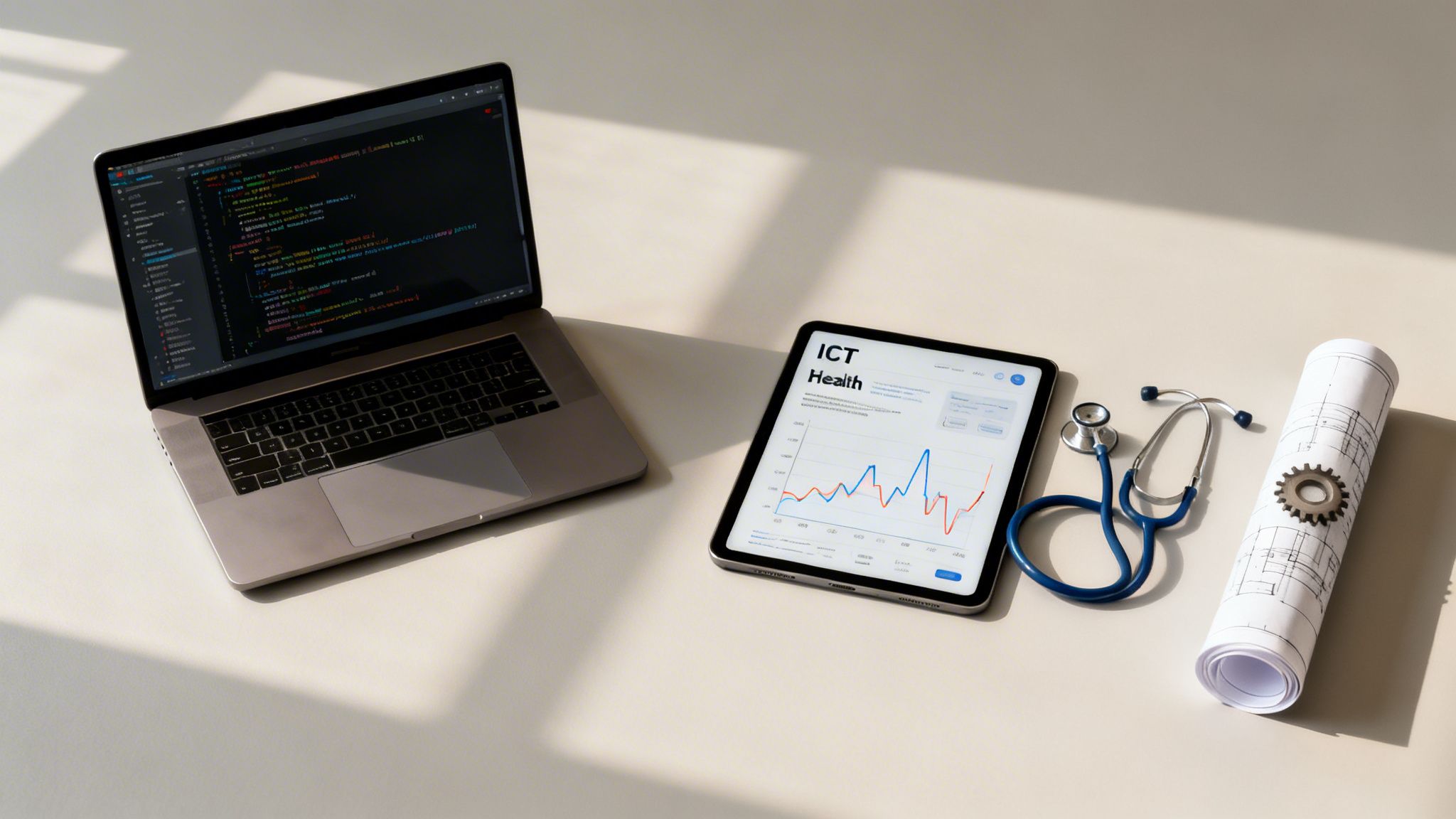 Flat lay showing a laptop, tablet with health data, stethoscope, and engineering blueprints.