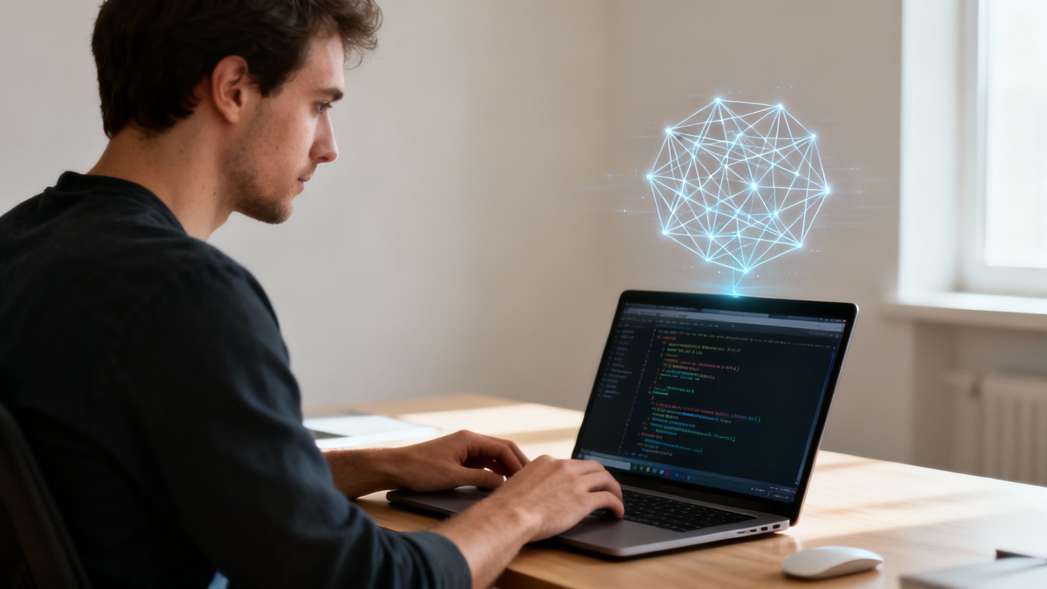 Man coding on a laptop with a glowing blue data network hologram above, representing technology.