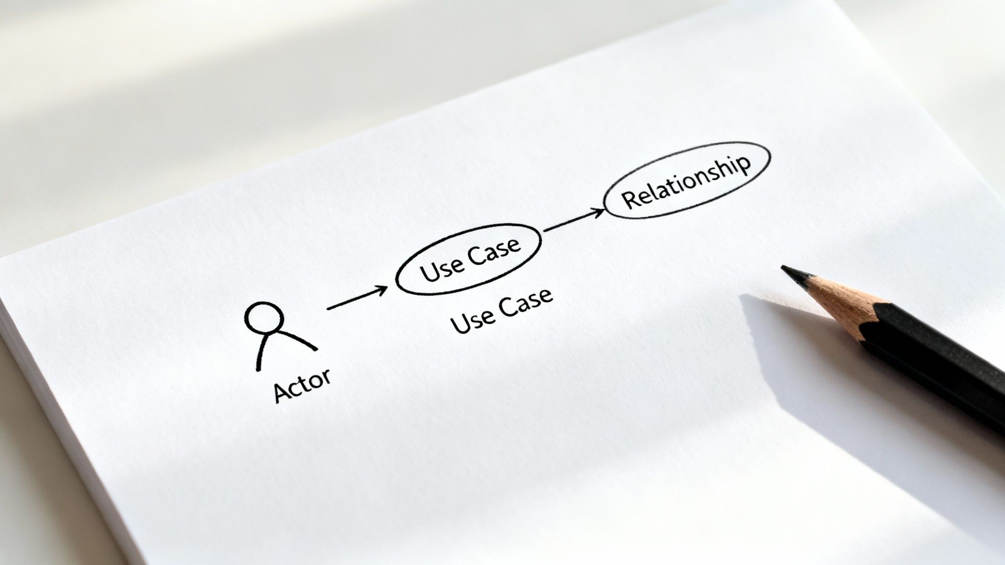 A hand-drawn use case diagram showing an actor, use case, and relationship on white paper next to a pencil.