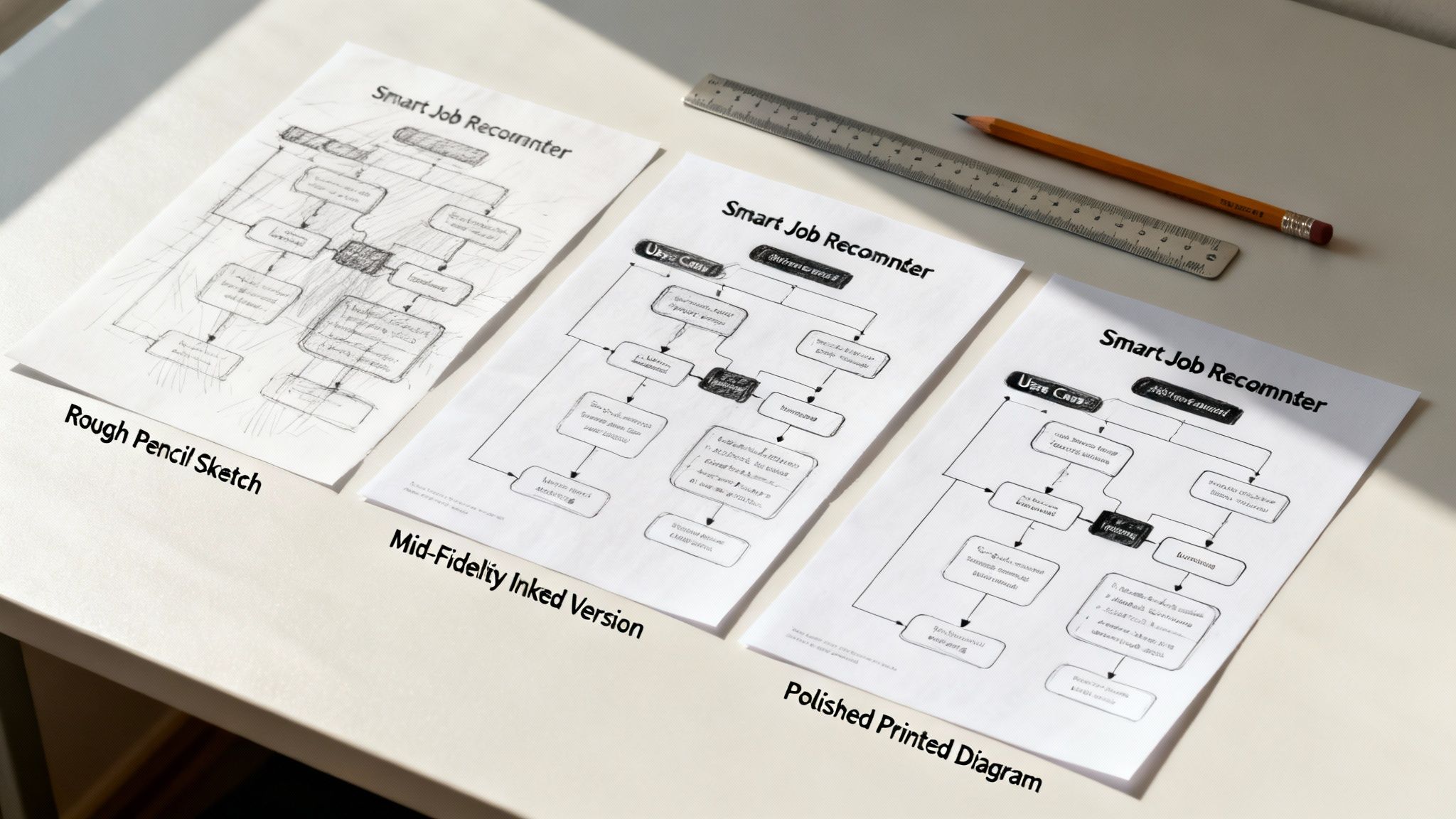 Three versions of a 'Smart Job Recommender' diagram, evolving from a rough pencil sketch to a polished print.