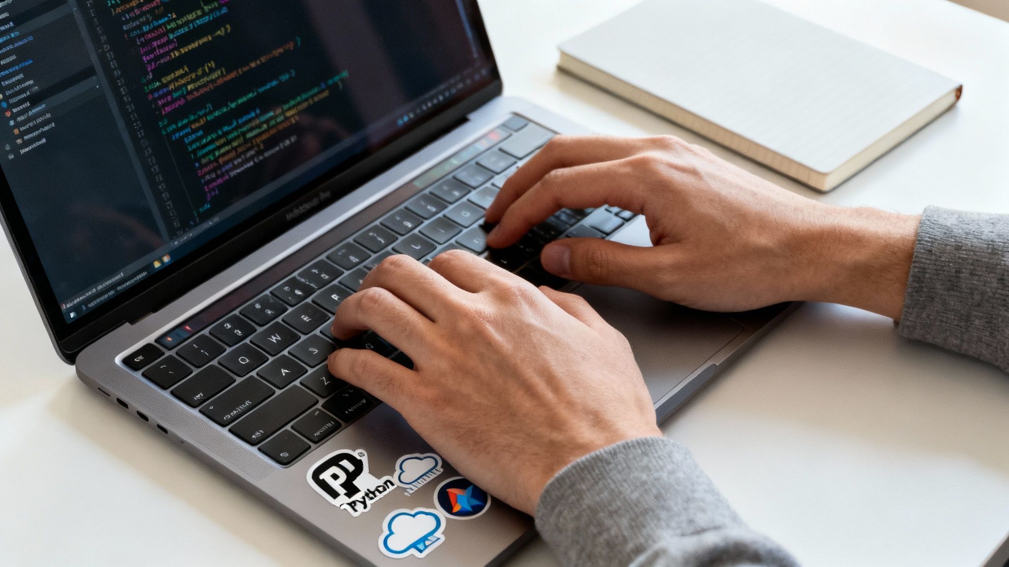 Close-up of a developer's hands typing on a laptop displaying programming code, with tech stickers.