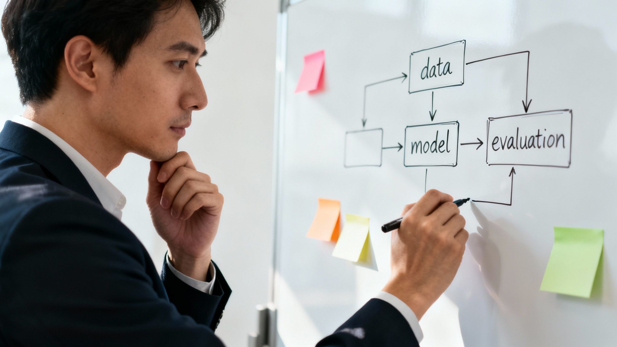 A focused man in a suit draws a data-model-evaluation flowchart on a whiteboard.
