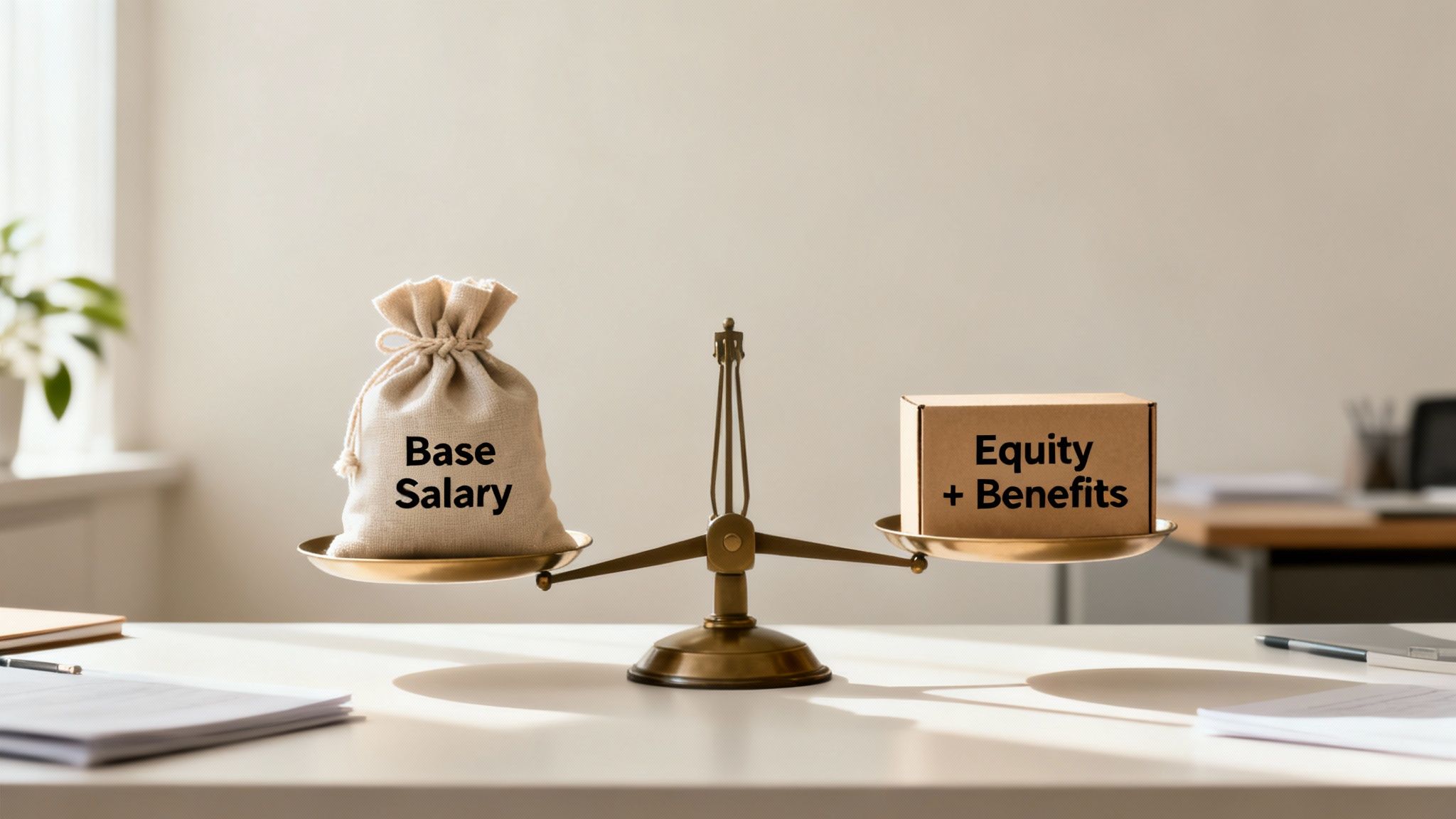 A balance scale comparing a 'Base Salary' money bag against an 'Equity + Benefits' box.