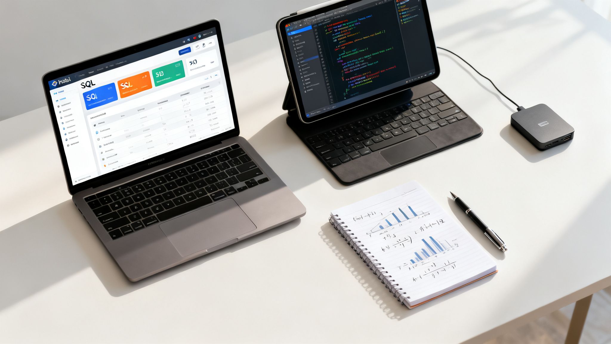 A modern workspace setup with a laptop showing SQL, a tablet with code, a notebook, and a pen.