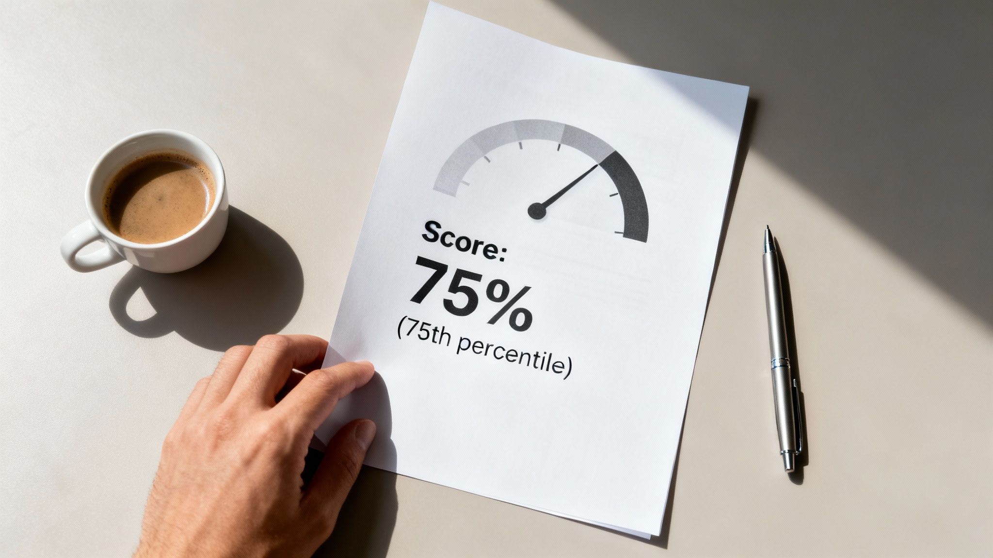 A hand holds a paper showing a 75% score on a gauge, with coffee and a pen.