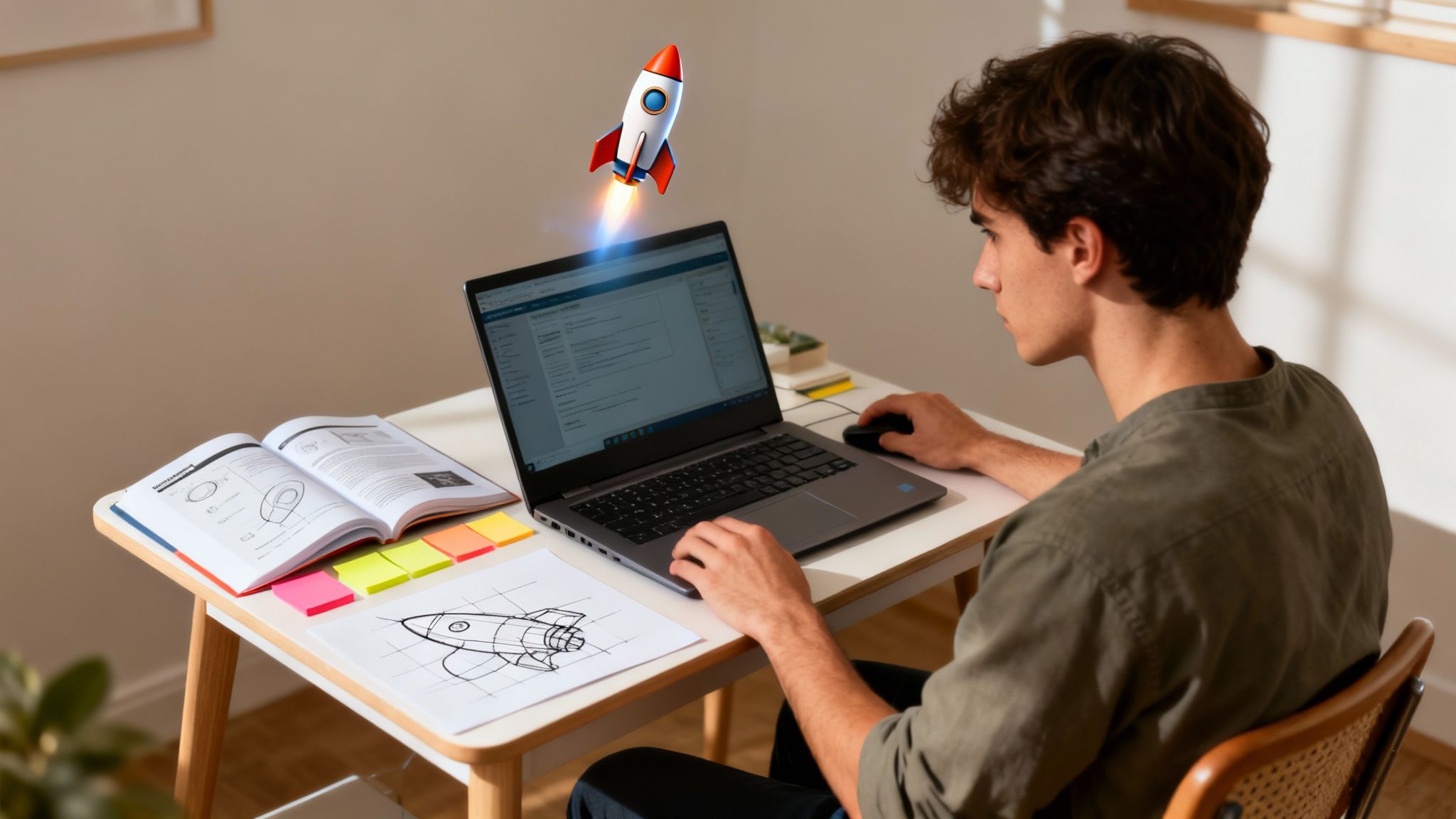 Young man studying with a laptop and open book, showing a rocket drawing and a digital rocket launch.