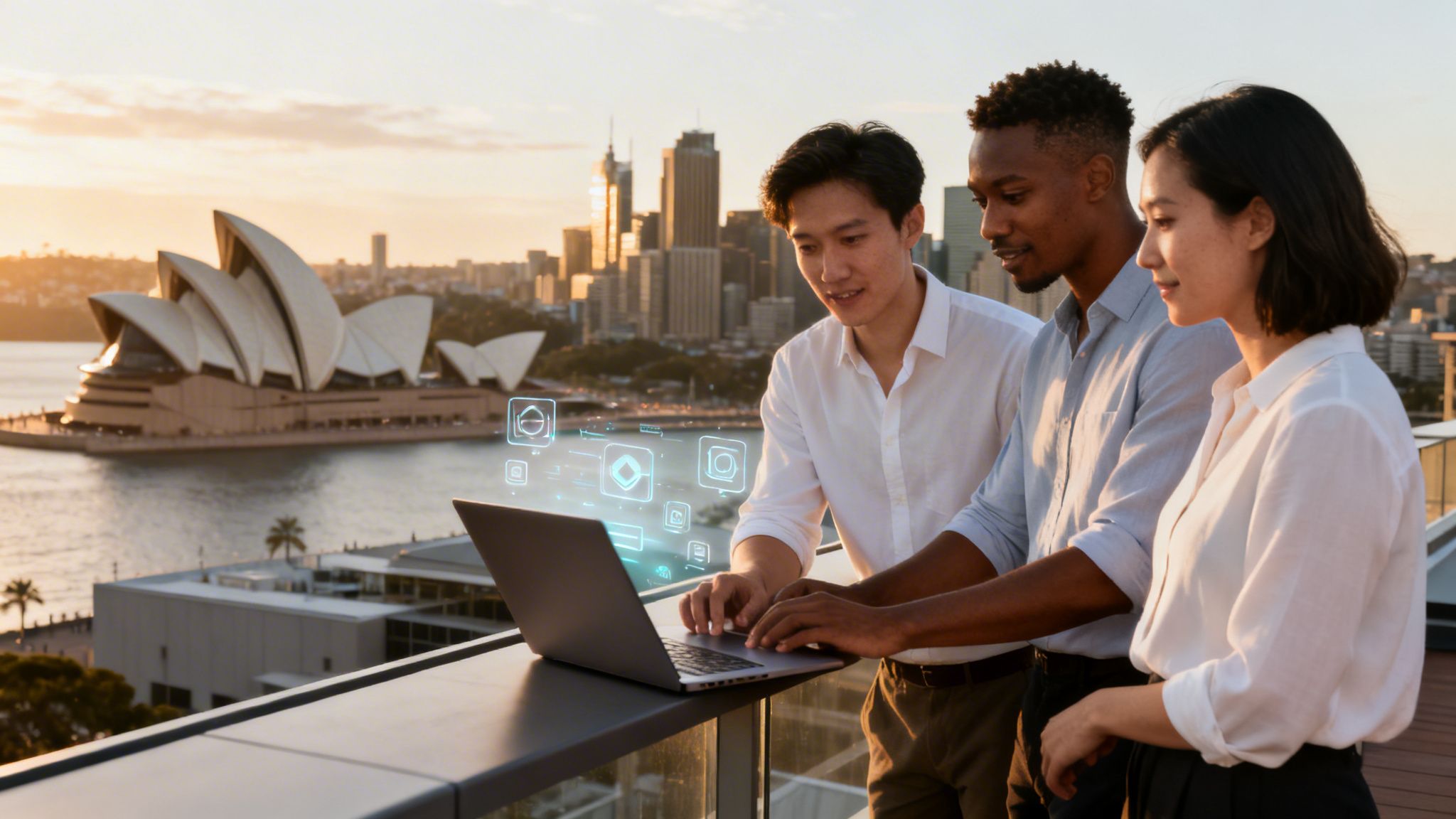 Diverse team using a laptop with futuristic data visualization on a balcony overlooking the Sydney Opera House.