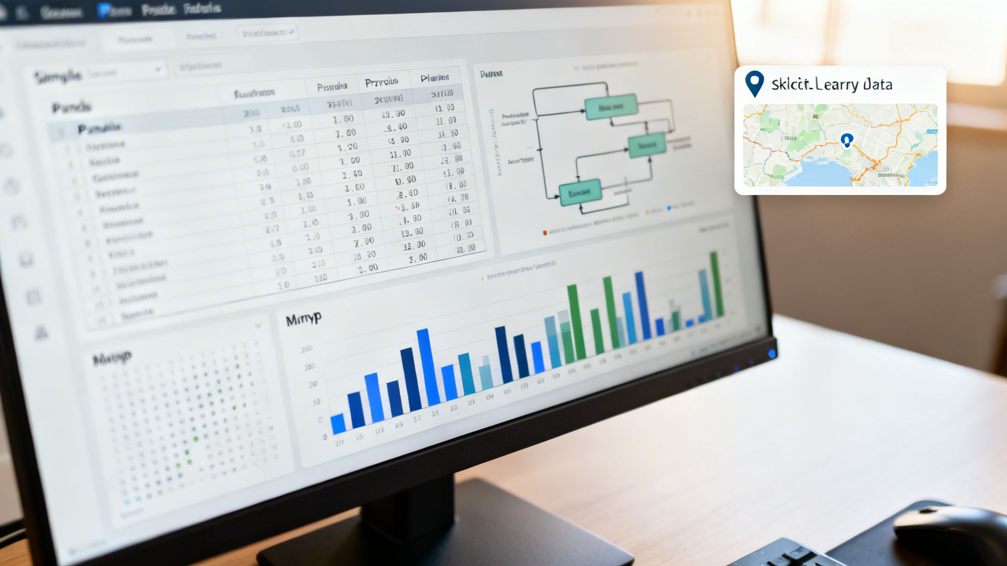 A computer monitor displays data analytics dashboards, including tables, charts, and a flowchart, with a map overlay.