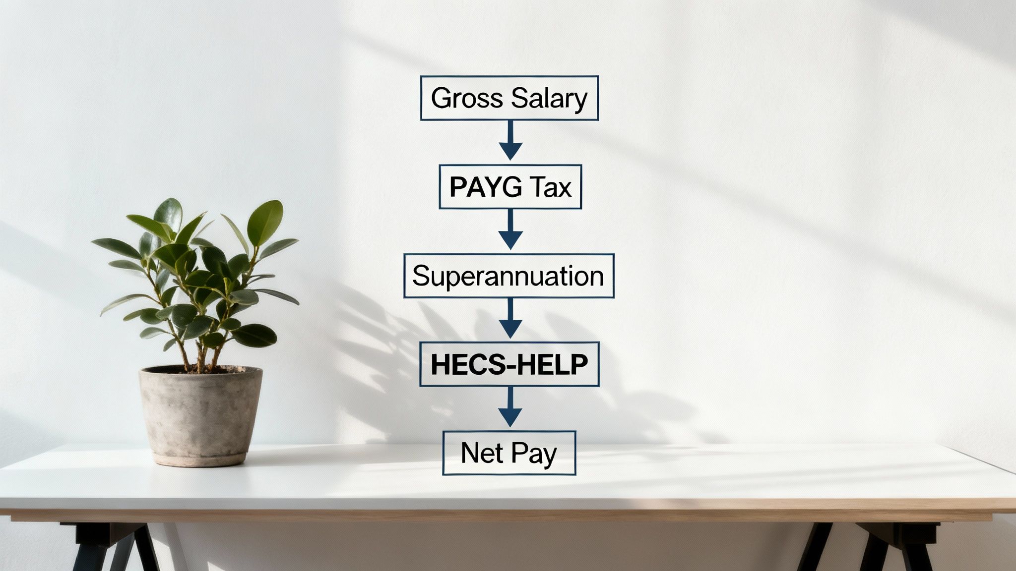 A financial flowchart illustrating the calculation from gross salary to net pay, with a green plant.