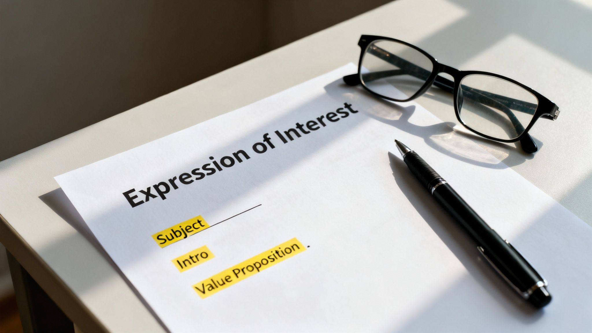 A document titled 'Expression of Interest' on a desk, with a pen and reading glasses beside it.