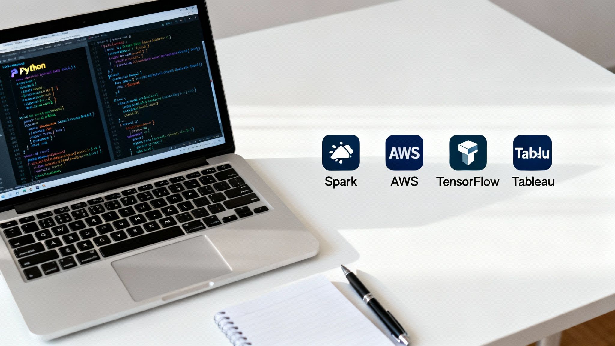 A laptop displaying Python code, with logos for Spark, AWS, TensorFlow, and Tableau on a white desk.