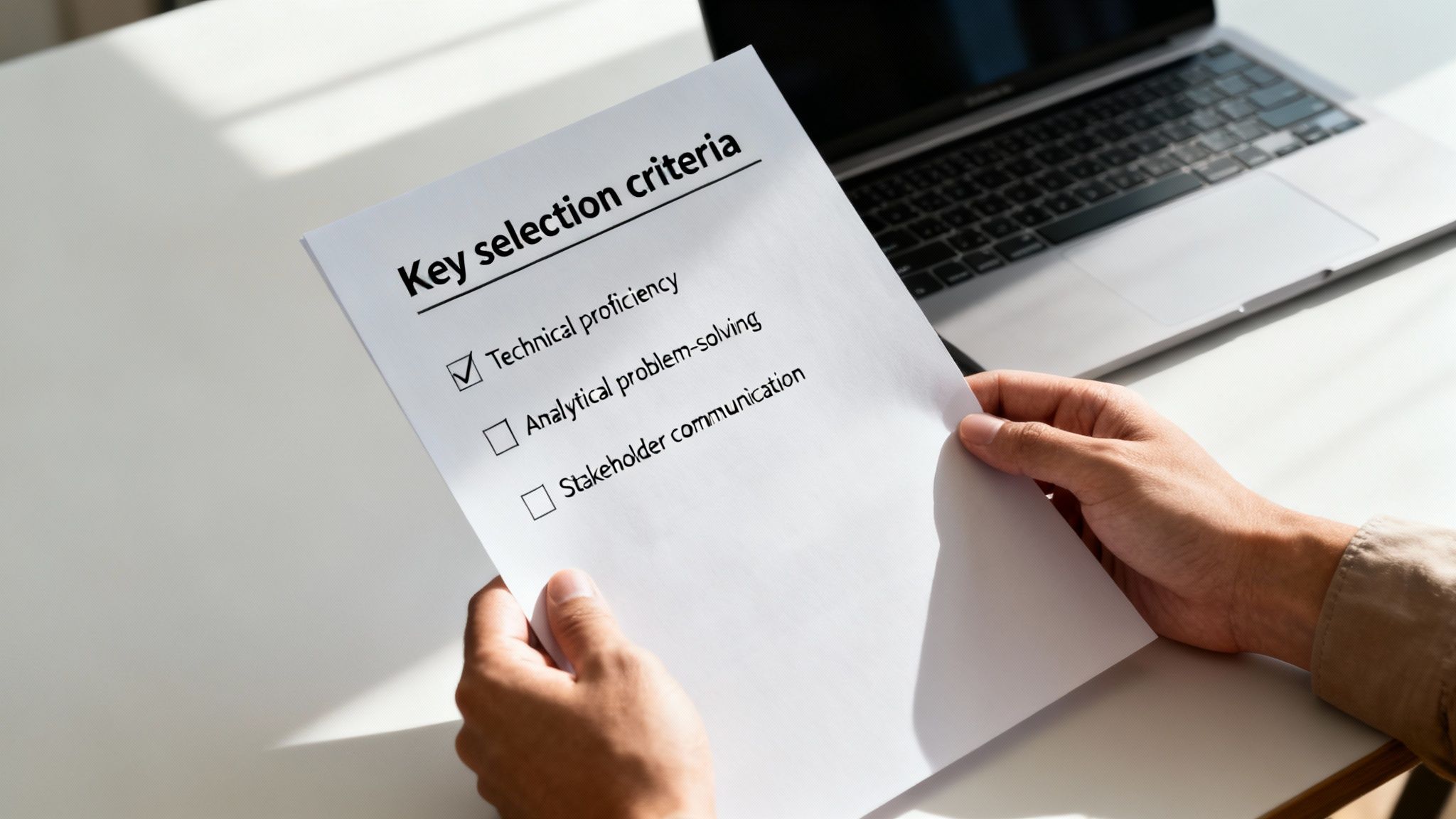 Close-up of hands holding a document titled 'Key selection criteria' with 'Technical proficiency' checked.