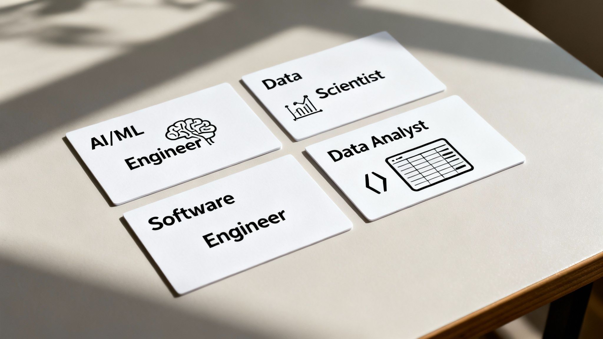 Four white cards displaying tech job titles like AI/ML Engineer, Data Scientist, Software Engineer, and Data Analyst with icons.
