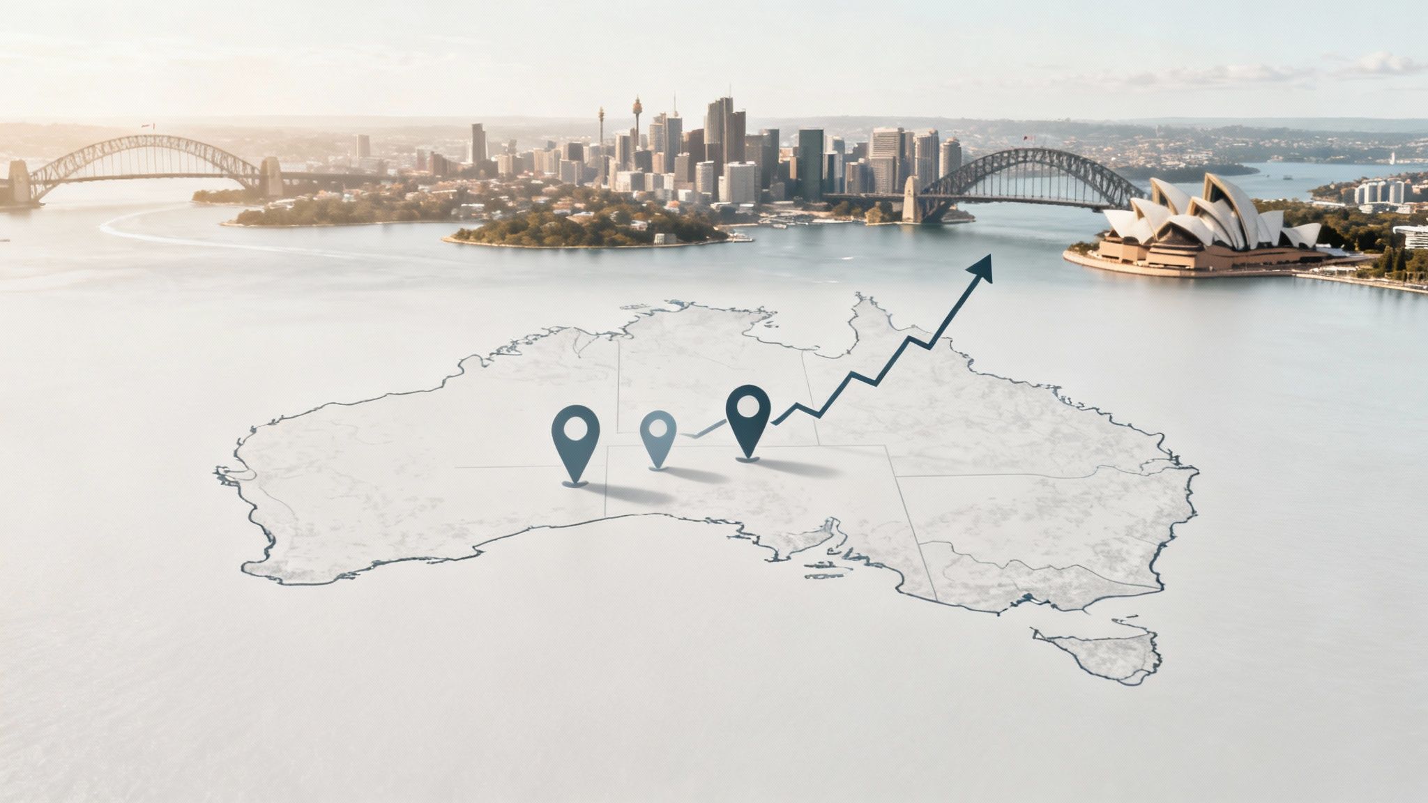 Australian map with growth arrow and location markers, featuring Sydney's cityscape and iconic landmarks.
