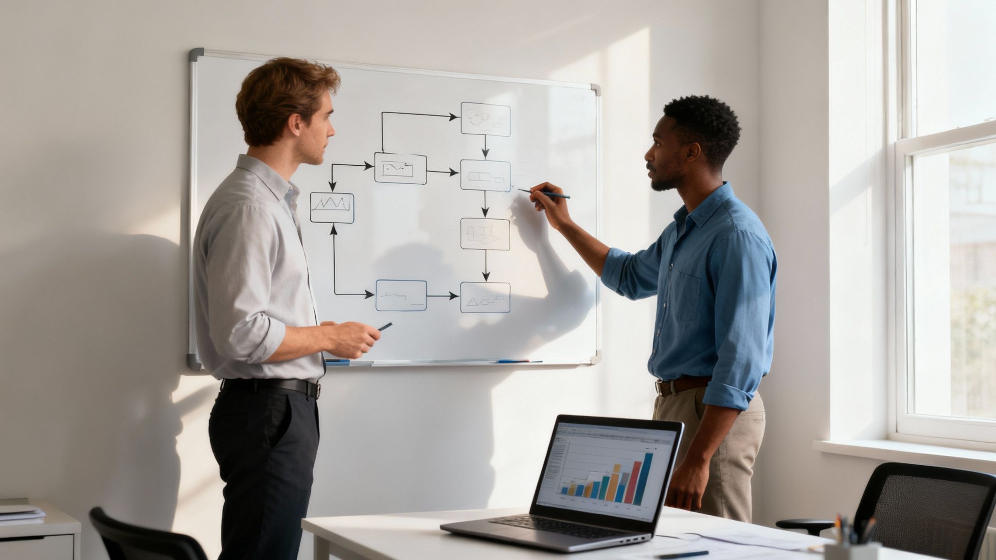 Two diverse men collaborate on a flowchart whiteboard in an office with a laptop displaying charts.