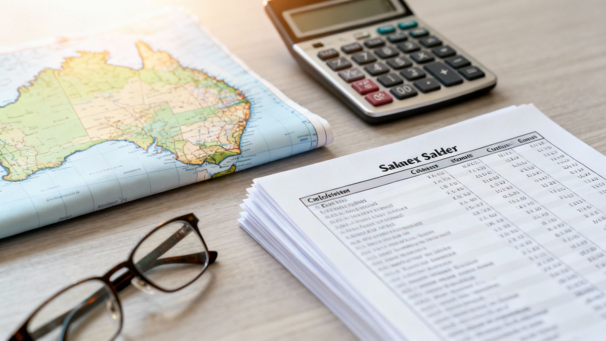 A desk with an Australia map, calculator, financial documents, and glasses, suggesting business planning.