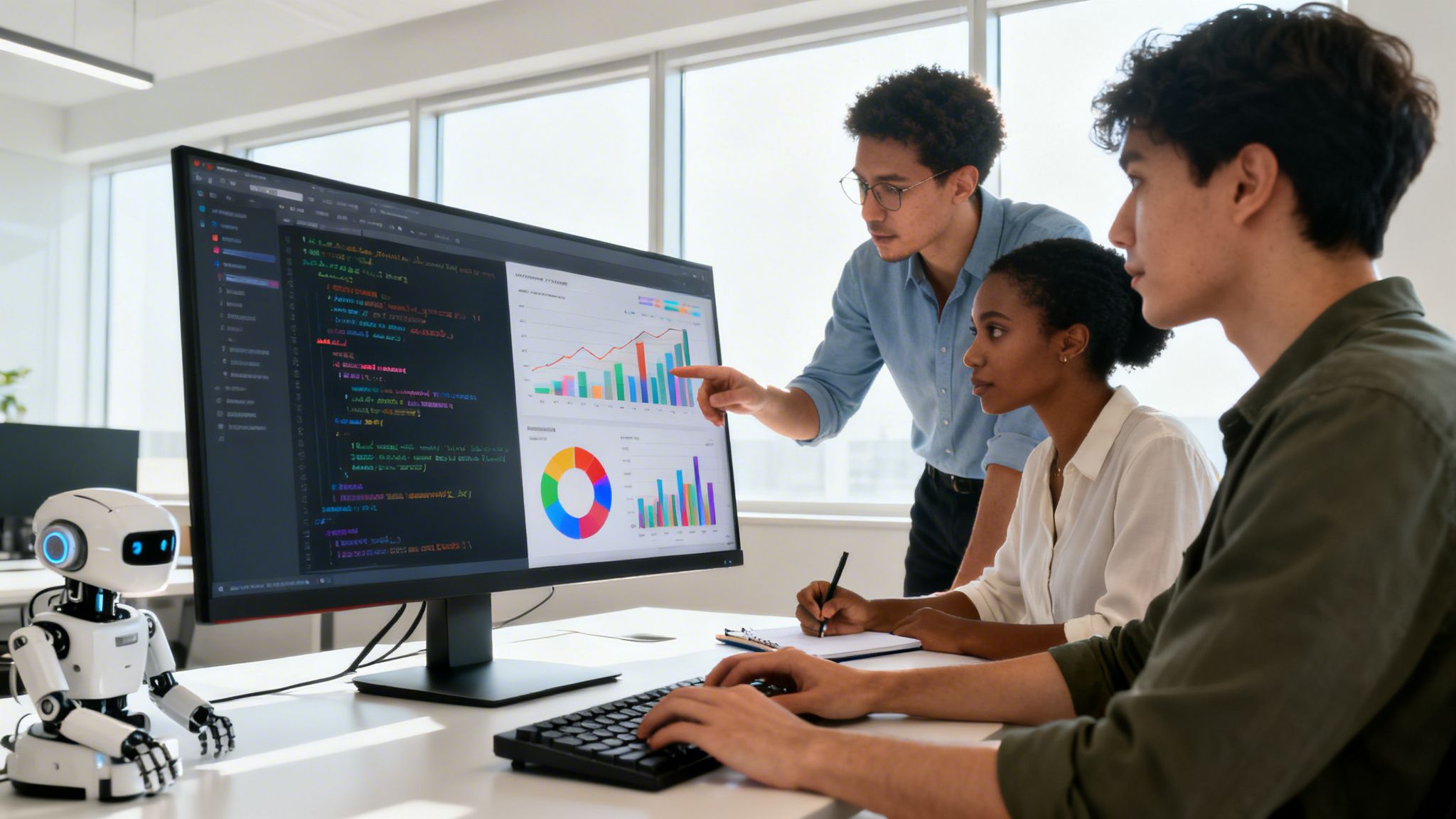 Three diverse professionals collaborating on data analysis, coding, and robotics in a modern office.