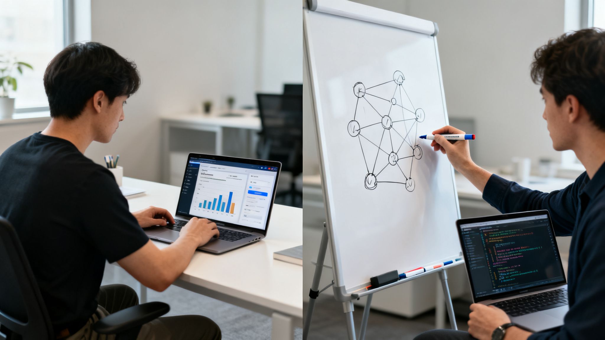 Two professionals showcasing data analysis on a laptop and data science with coding and whiteboarding.