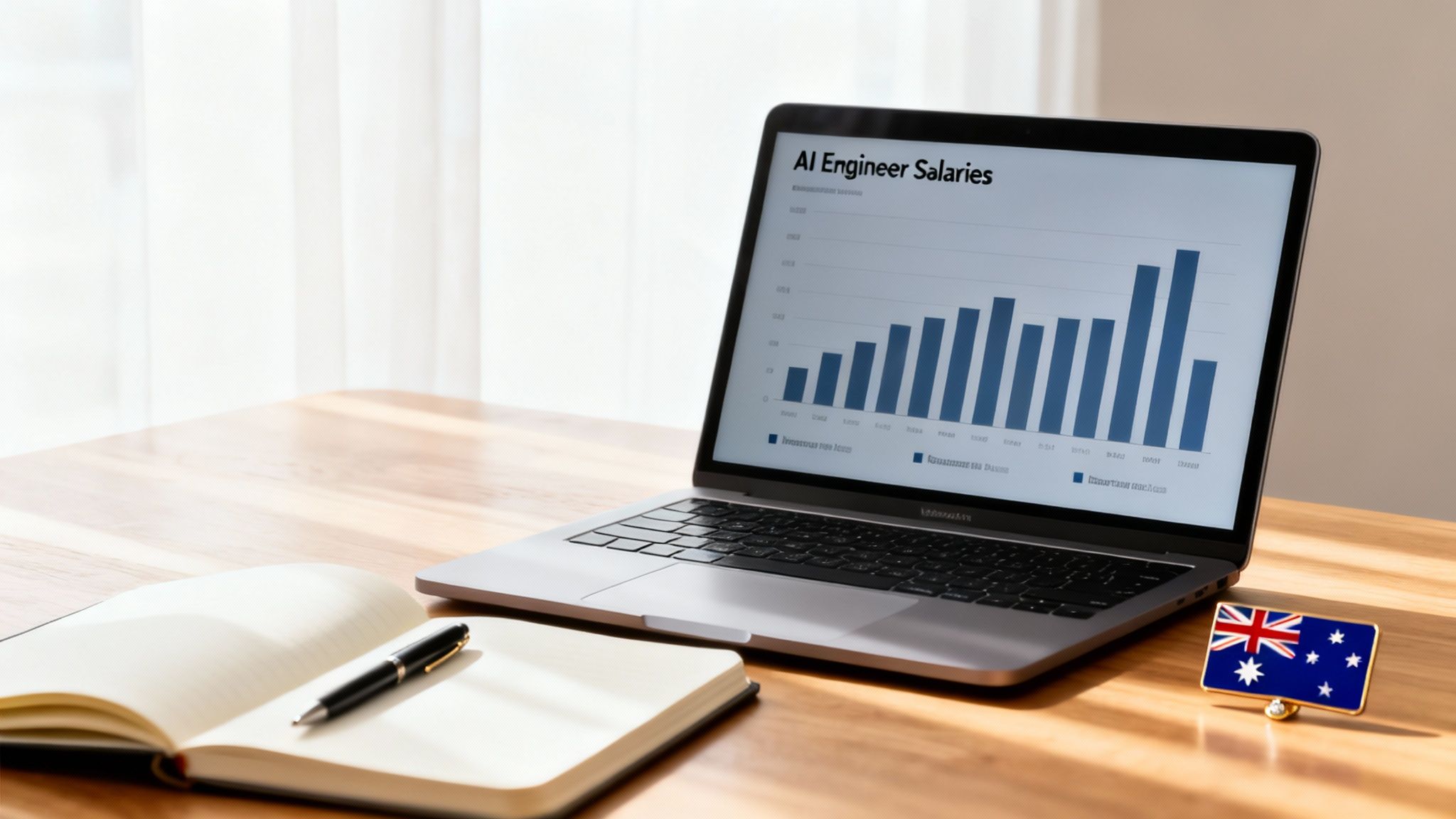 A laptop displays an 'AI Engineer Salaries' chart on a wooden desk with a notebook and Australian flag.