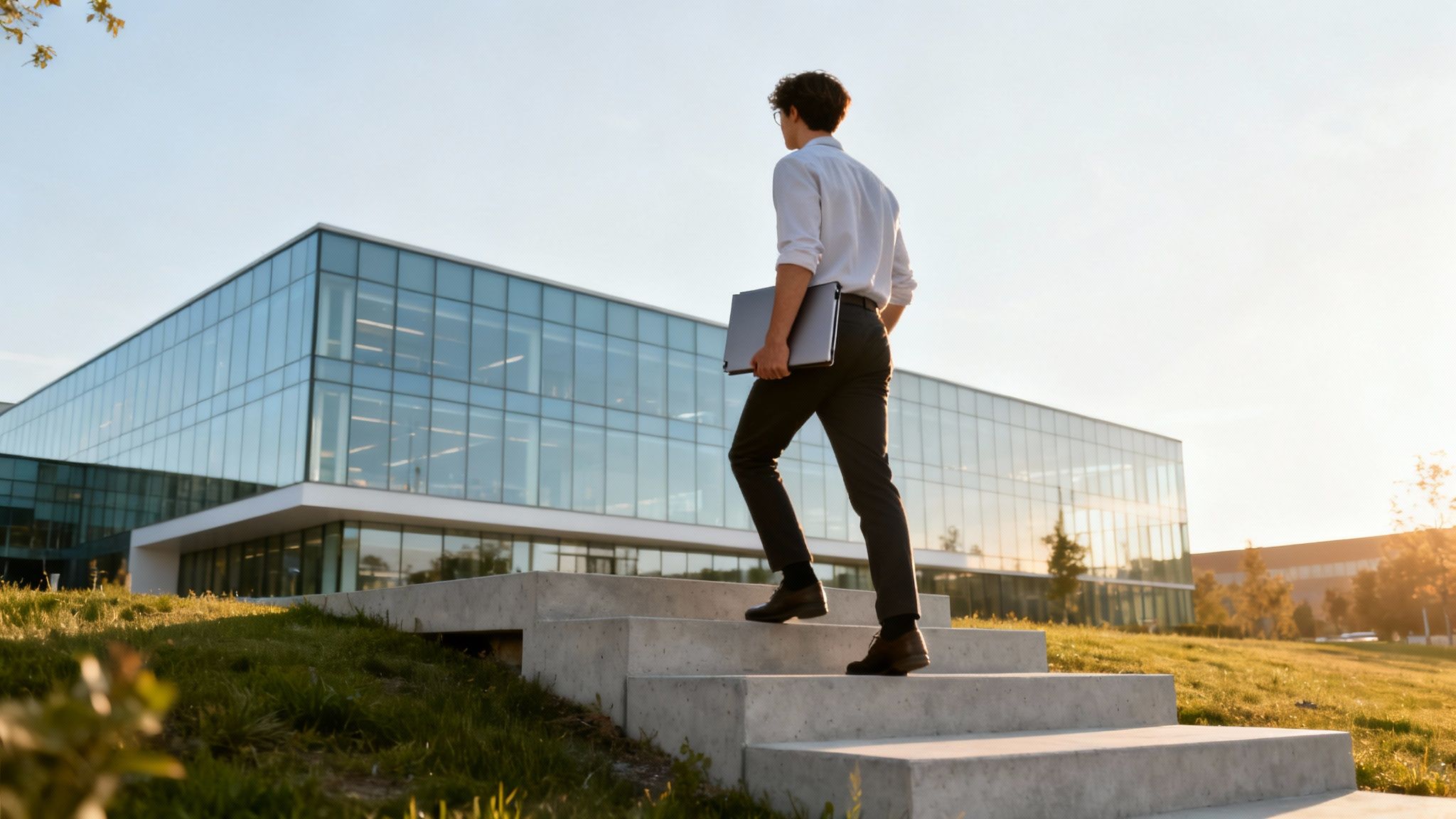 Rear view of a young professional with a laptop walking up stairs towards a modern glass building.