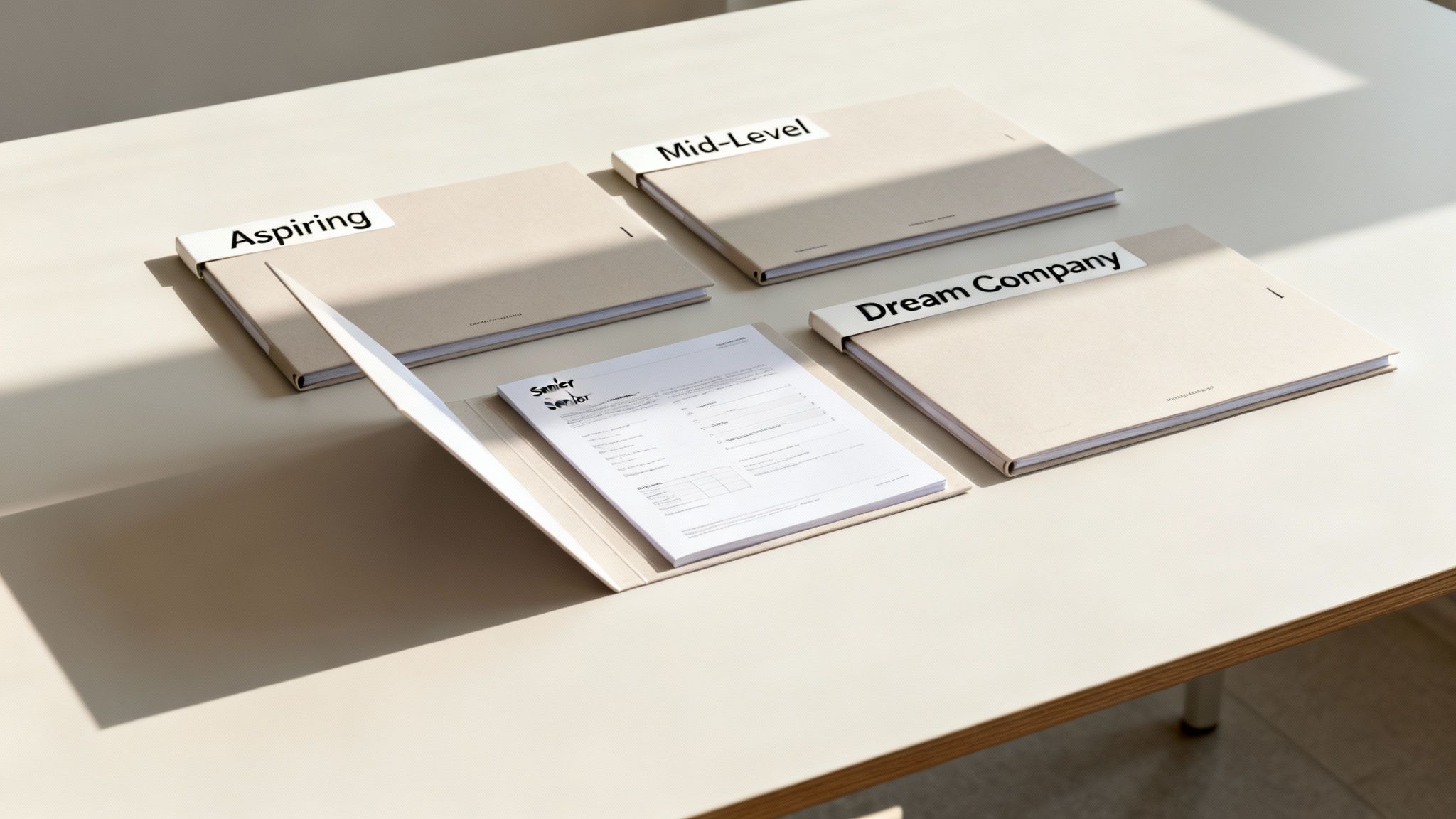 Four career-themed folders on a light desk, with one open showing a job application form.