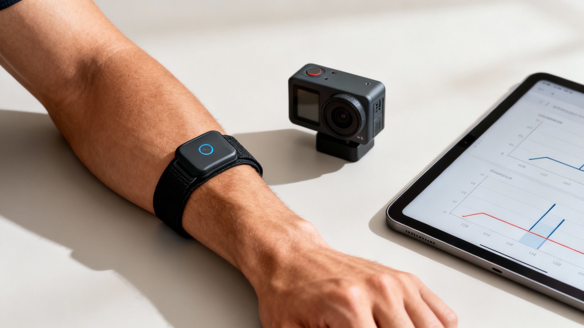 Person's arm with a wearable sensor, an action camera, and a tablet displaying data graphs.