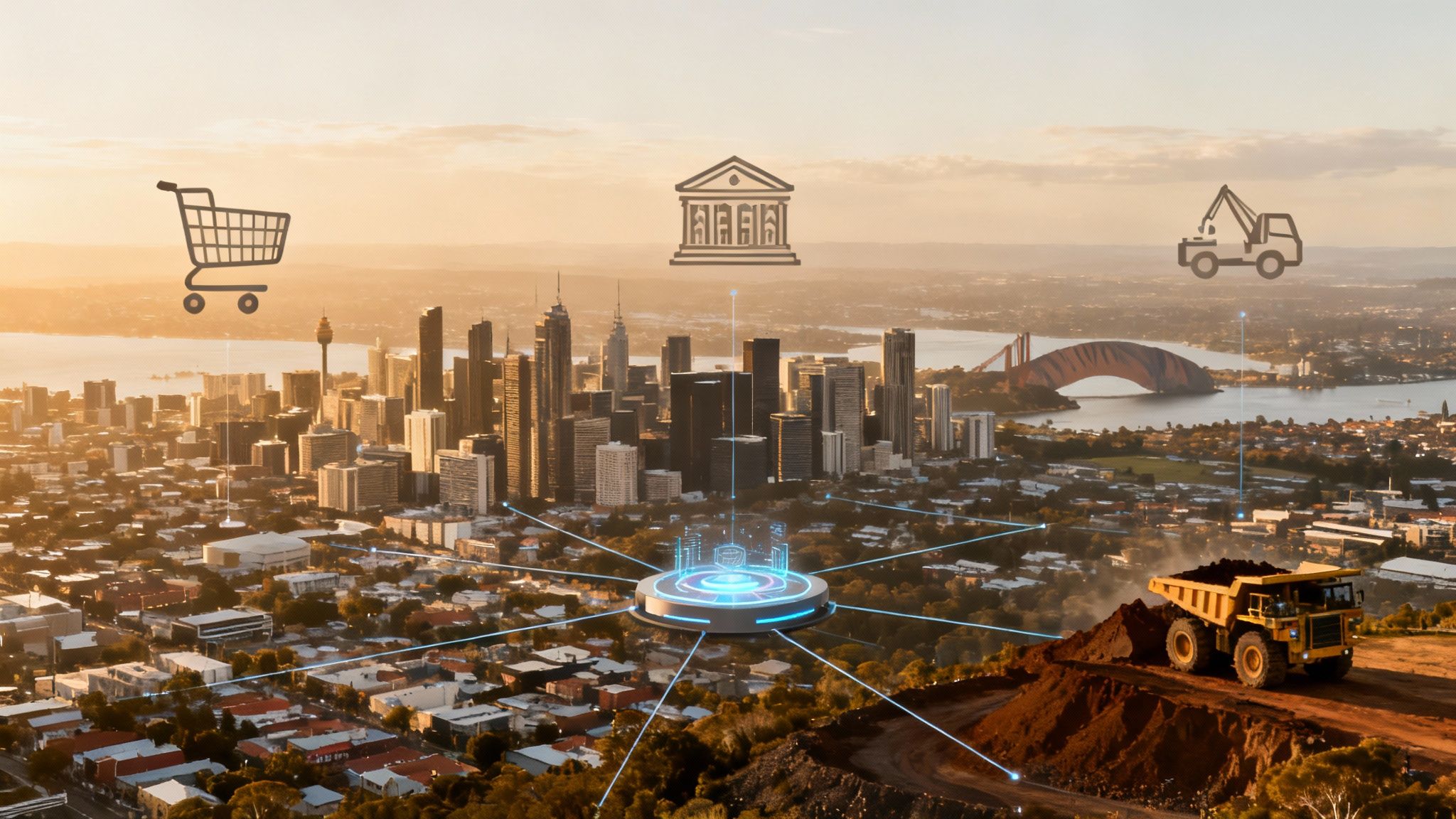 Smart city skyline at sunset showing interconnected icons of commerce, finance, and mining.