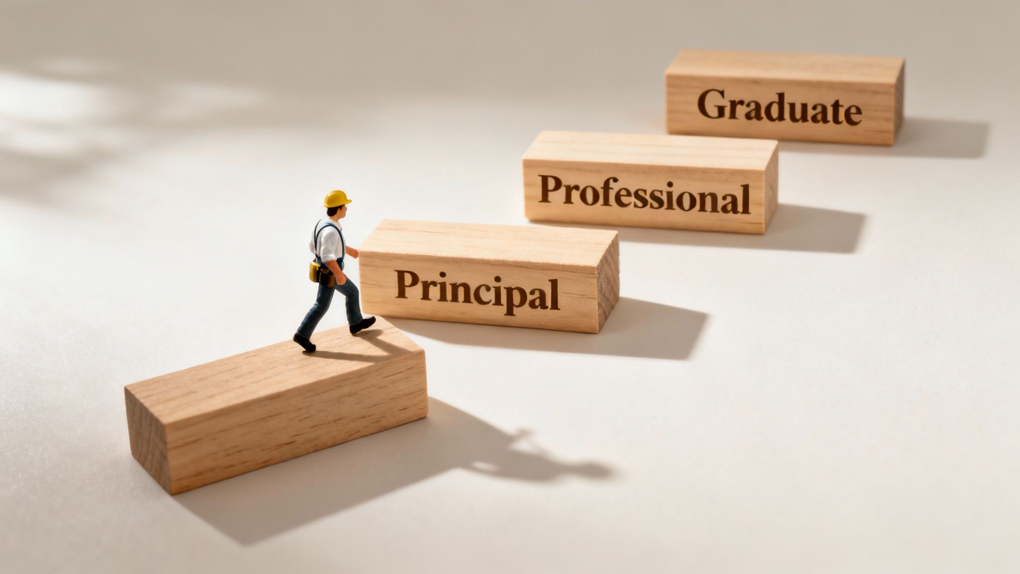 A miniature construction worker figurine climbs wooden blocks representing career progression: Principal, Professional, Graduate.