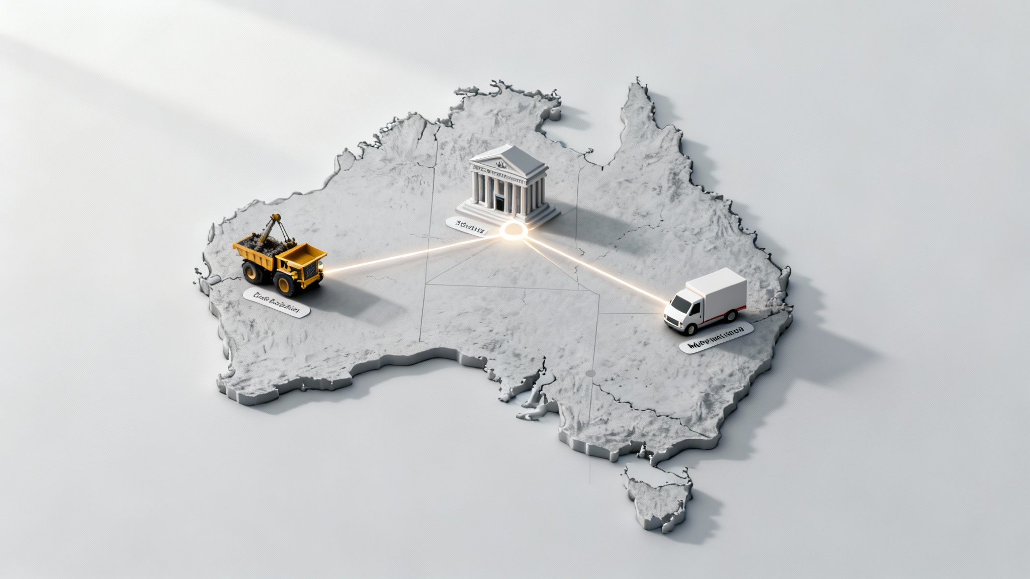 Isometric map of Australia with mining, finance, and logistics connections represented by vehicles and a bank.
