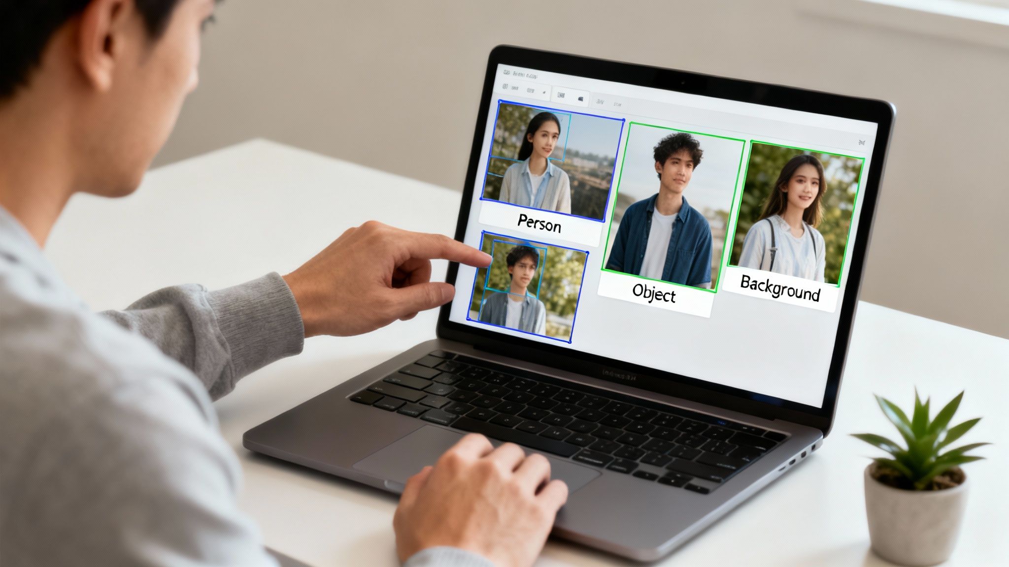 Person annotating images on a laptop, categorizing them into 'Person', 'Object', and 'Background' sections.