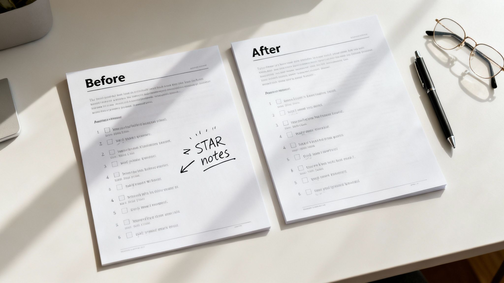 Two documents, 'Before' and 'After', showing a checklist with handwritten notes and a clean version.