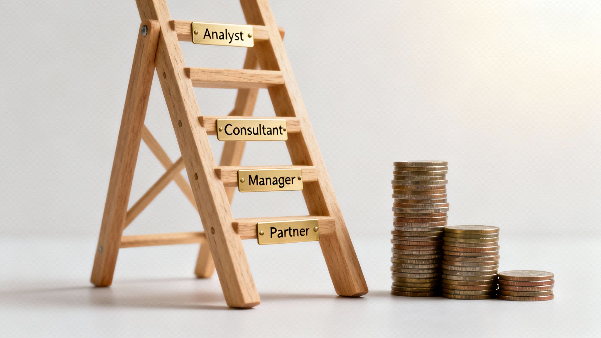 A wooden career ladder with Analyst, Consultant, Manager, Partner titles, next to increasing stacks of coins.