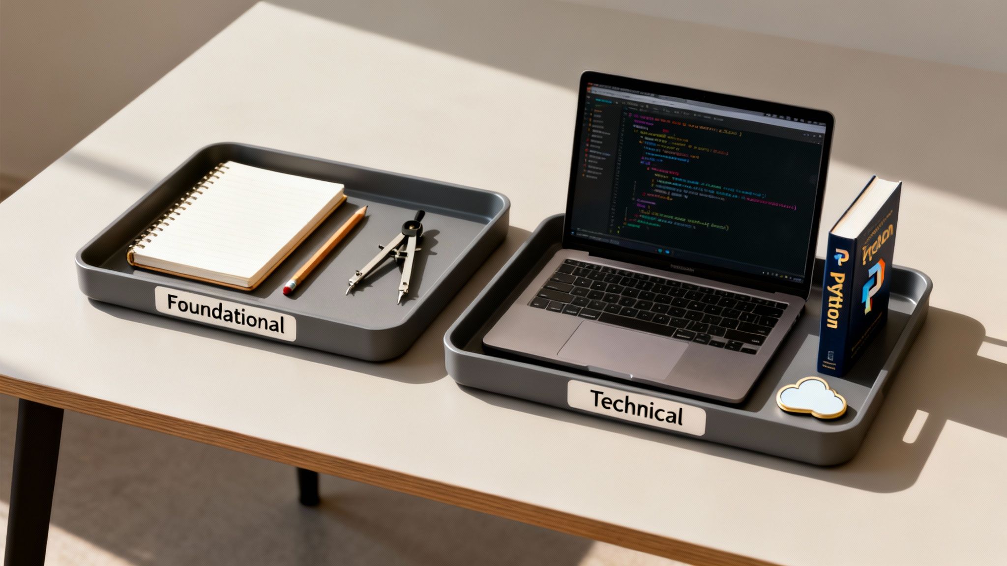 Two desk trays contrasting foundational learning tools with technical coding equipment and a Python book.