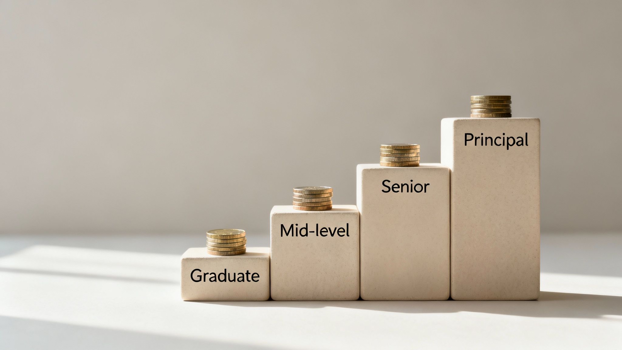 Four blocks illustrating career progression from Graduate to Principal with increasing stacks of coins.