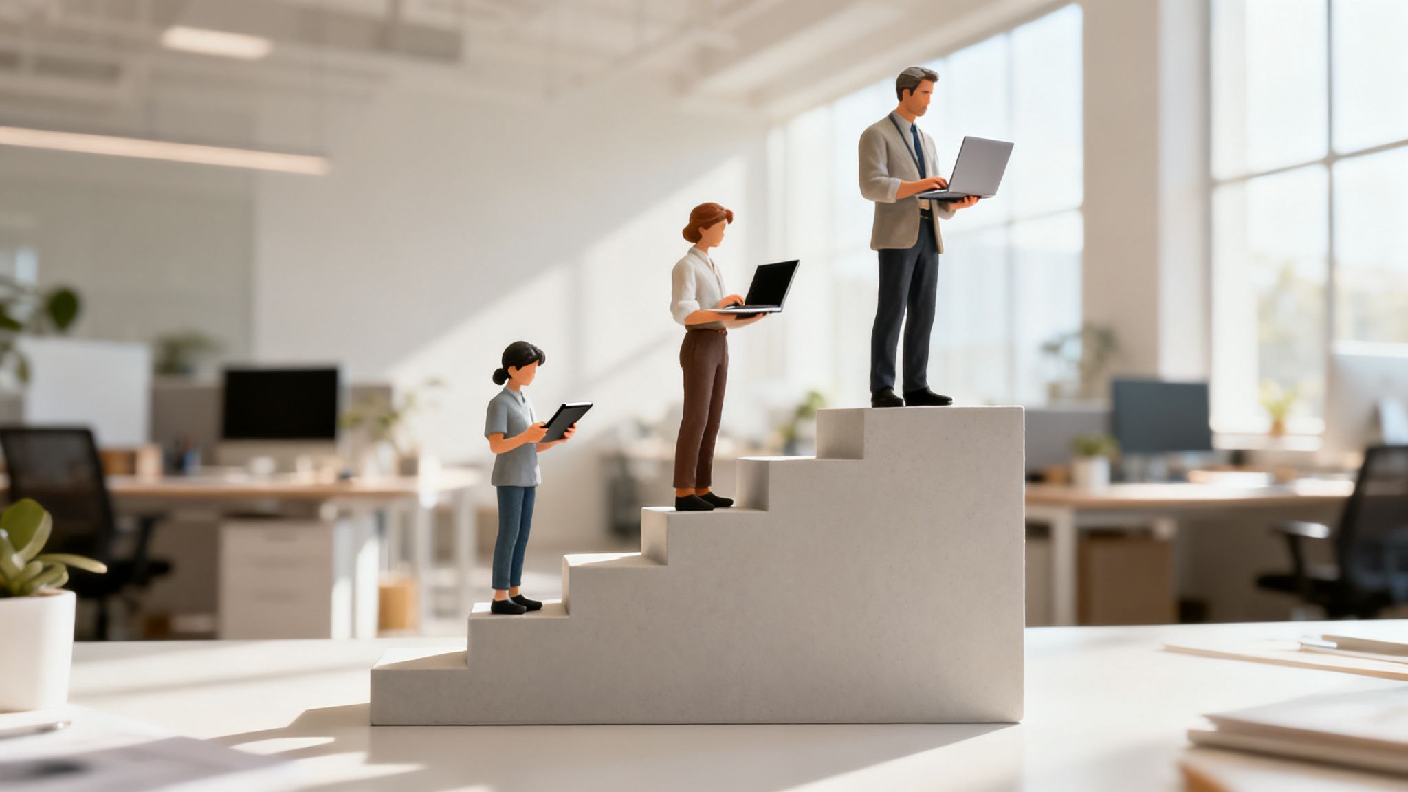 Three miniature people on steps in a modern office, holding a tablet and laptops, symbolizing career growth.