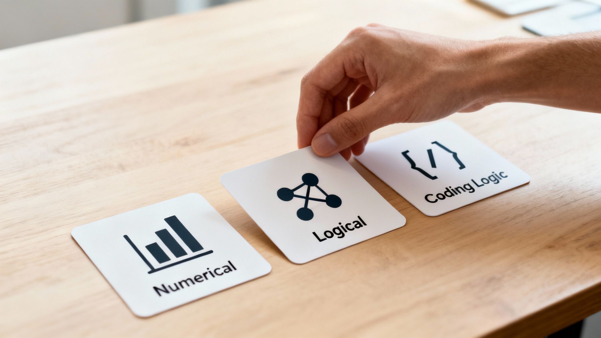 A hand selects a 'Logical' card with a network icon, next to 'Numerical' and 'Coding Logic' cards.